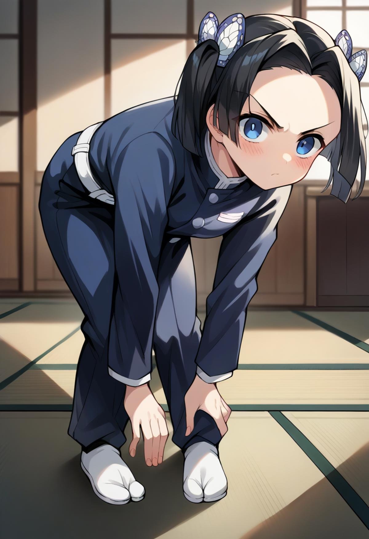 score_9, score_8_up, score_7_up, source_anime, masterpiece, 1girl, ct_a01, black uniform, black pants, white belt, long sleeves, looking at viewer, leaning forward, hand on own knees, indoors, japanese house, blush, v-shaped eyebrows,<lora:Aoi_Kanzaki_uniform_ver2_ct:0.9>