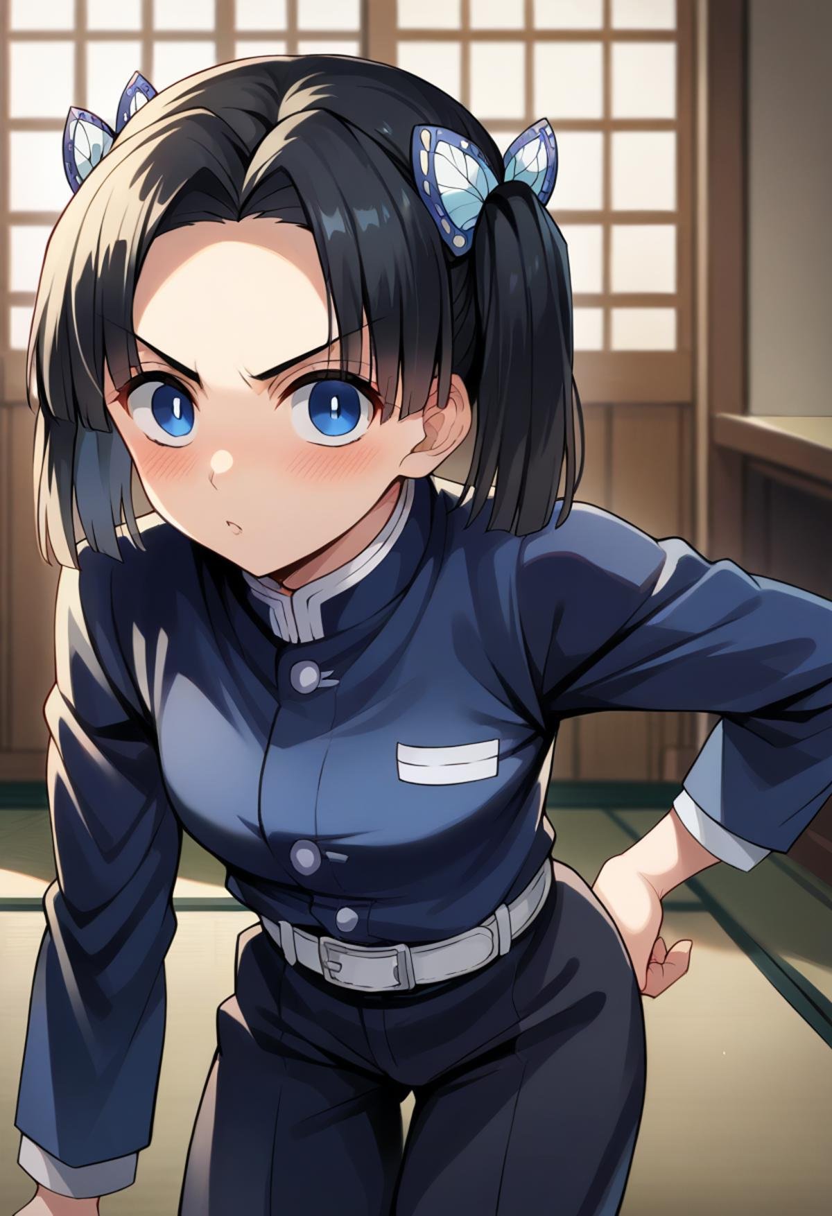 score_9, score_8_up, score_7_up, source_anime, masterpiece, 1girl, ct_a01, black uniform, black pants, white belt, long sleeves, looking at viewer, leaning forward, indoors, japanese house, blush, v-shaped eyebrows,<lora:Aoi_Kanzaki_uniform_ver2_ct:0.9>