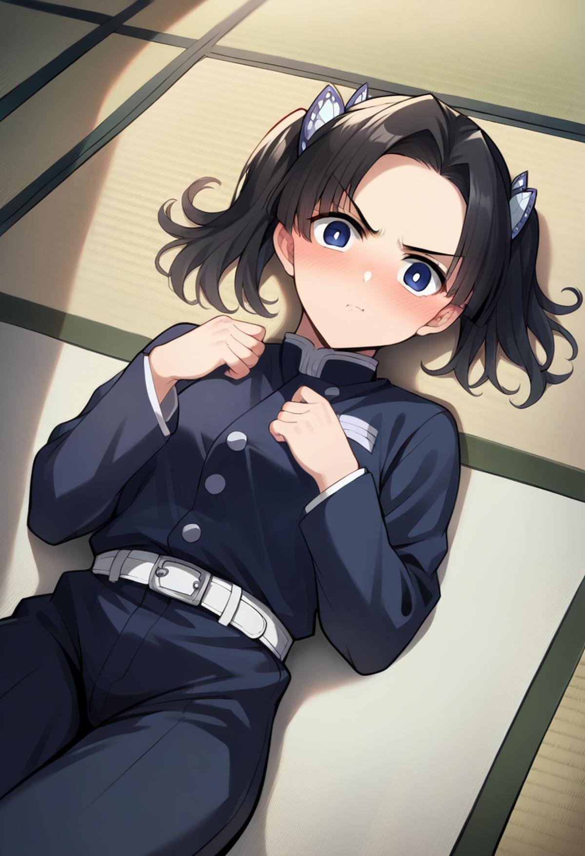 score_9, score_8_up, score_7_up, source_anime, masterpiece, 1girl, ct_a01, black uniform, black pants, white belt, long sleeves, looking at viewer, indoors, japanese house, blush, v-shaped eyebrows, lying, on ground, tatami, <lora:Aoi_Kanzaki_uniform_ver2_ct:0.9>