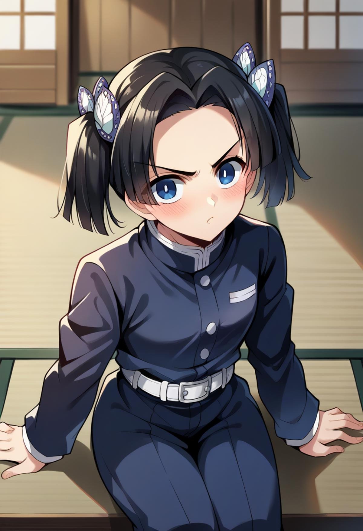 score_9, score_8_up, score_7_up, source_anime, masterpiece, 1girl, ct_a01, black uniform, black pants, white belt, long sleeves, looking at viewer, indoors, japanese house, blush, v-shaped eyebrows, sitting, head tilt, portrait,<lora:Aoi_Kanzaki_uniform_ver2_ct:0.9>