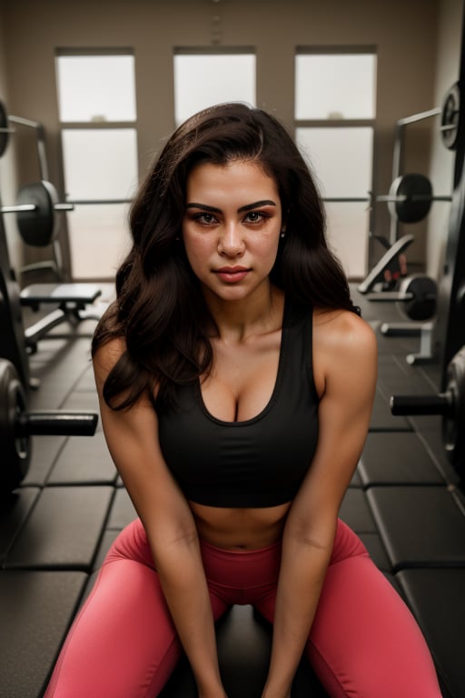 A 25-year-old woman with long dark brown hair styled in a high ponytail. She has light skin and a focused expression with a determined look in her almond-shaped brown eyes. Her face features are soft yet defined, with a slightly pointed chin, high cheekbones, and a slightly hooked nose that reflects her Jewish heritage. She is wearing workout clothes, including a tank top and leggings. She is in a home gym, lifting weights. The background shows a well-equipped home gym with various exercise equipment,Detailedface,perfect eyes