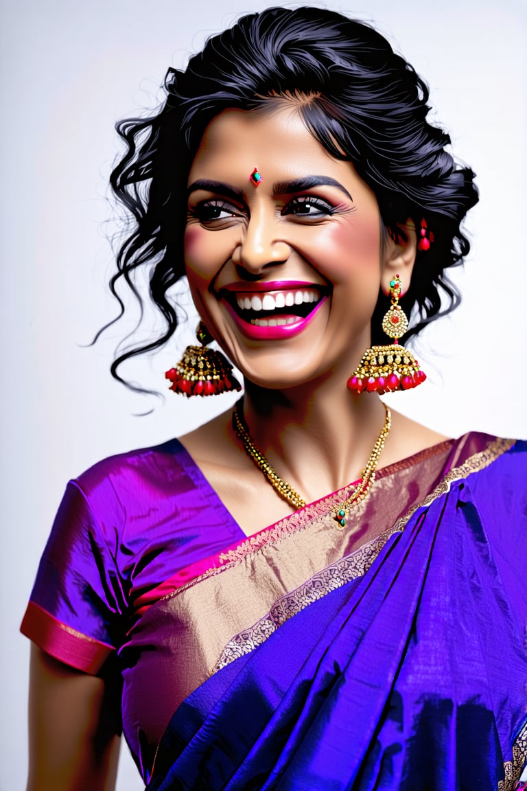 realistic,  dark theme, Indian woman, powerfull, alluring, thin eyebrows, average chest, curly black head,  laughing face, crazy, black eyes, bright violet saree