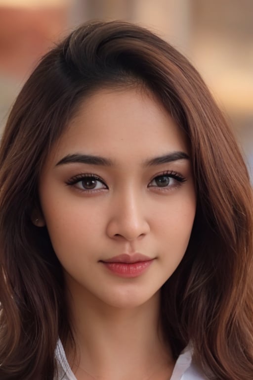 Generate hyper realistic image of a Indonesian woman with long hair, gazing directly at the viewer with brown eyes. Her parted lips hint at a subtle expression of tranquility, This portrait captures the essence of a calm and captivating moment.