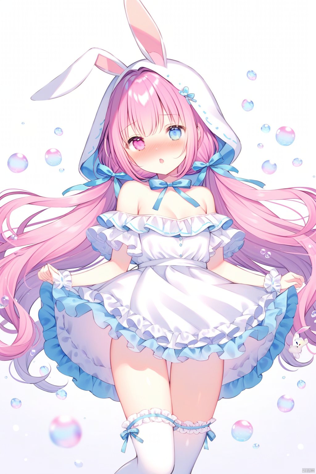 (loli), white background,wasabi_sekai, 
 white hood, nose blush, ,motion,  frilled thighhighs, 
1girl, solo, dress , white thighhighs, frilled sleeves, very long hair, bare shoulders, heterochromia, medium breasts, low twintails,  pink hair, rabbit ears,
depth of field, 
masterpiece, best quality, bubble, 
 simple background,