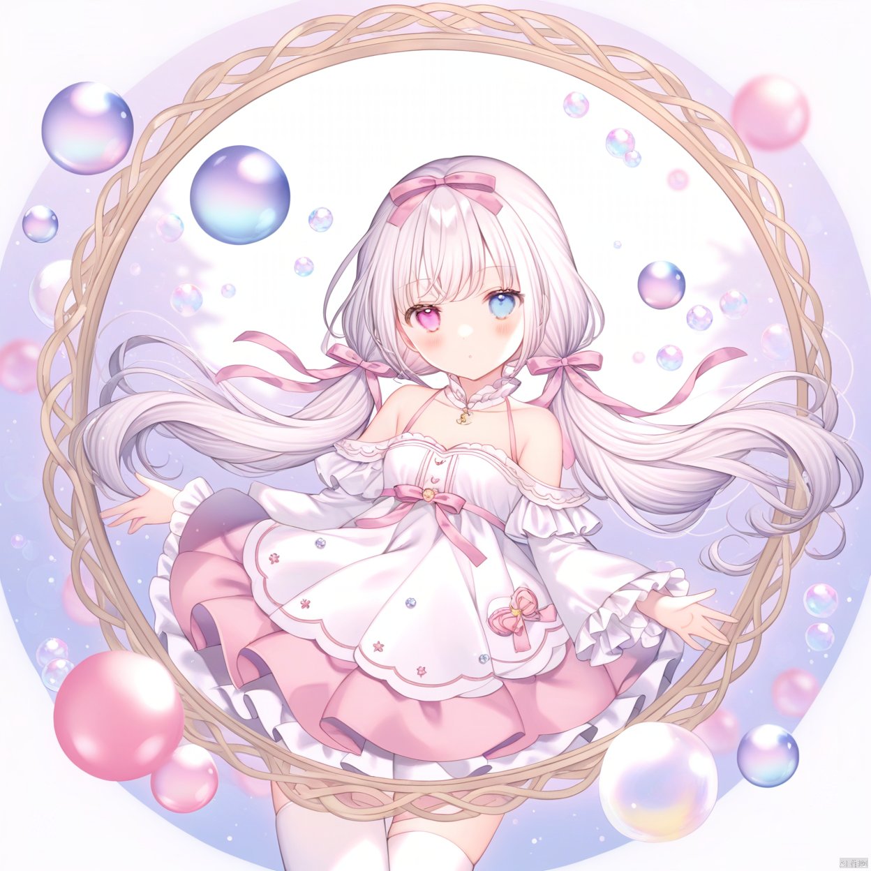 (loli), wasabi_sekai, fantasy, 
1girl, solo, dress , white thighhighs, frilled sleeves, very long hair, bare shoulders, heterochromia, medium breasts, low twintails,, white hair, pink ribbon,
depth of field, 
masterpiece, best quality, bubble, 
 simple background, white background, framed, art