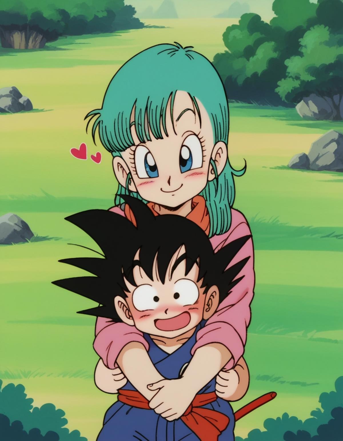 zPDXL, score_9, score_8_up, score_7_up, source_anime, BREAK<lora:EarlyAkira-20:0.8> drgbls1, son goku, black hair, black eyes, bulma, blue hair, blue eyes, multiple characters, 1girl, 1boy, outdoors, smiling, happy, hugging, looking at another, cute, adorable, blush, heart,