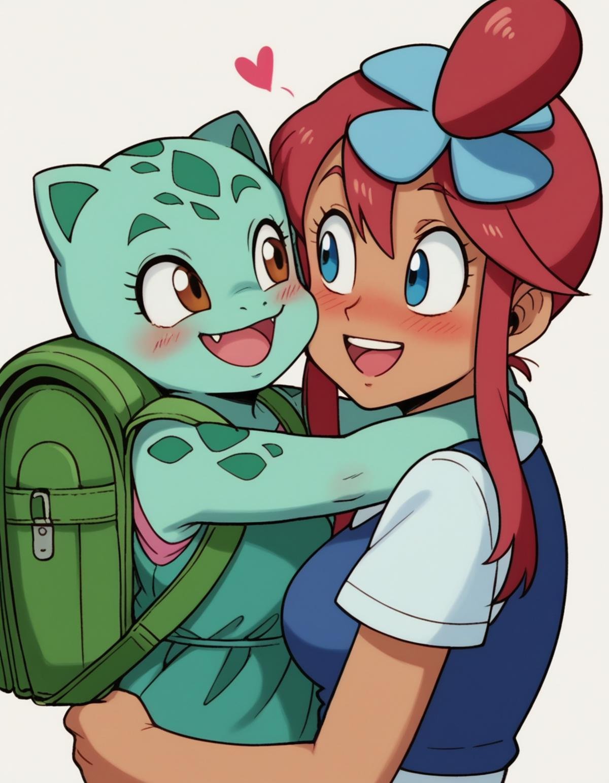 zPDXL, score_9, score_8_up, score_7_up, source_anime, <lora:EarlyAkira-20:0.8> drgbls1, 2girls, happy, hugging, looking at another, yuri, cute, adorable, blush, heart, Bulbasaur, colored skin, aqua skin, fang, green backpack, furry, colored skin,, BREAKzPDXL, score_9, score_8_up, score_7_up, source_anime, drgbls1, 2girls, happy, hugging, looking at another, yuri, cute, adorable, blush, heart, Pokemon, Skyla, red hair, sidelocks, medium breasts,