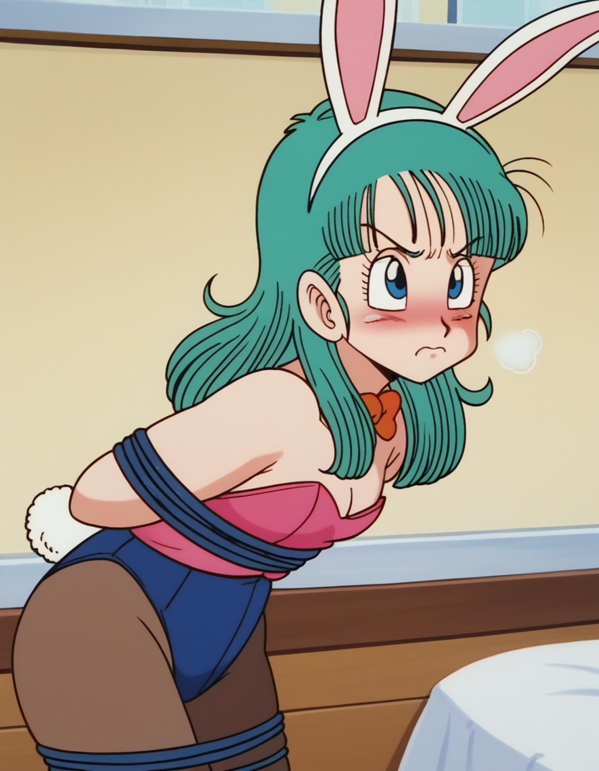 zPDXL, score_9, score_8_up, score_7_up, source_anime, BREAK1girl, solo,  <lora:EarlyAkira-20:0.8> drgbls1, bulma, blue hair, blue eyes, playboy bunny, pantyhose, rabbit ears, rabbit tail, blunt bangs, long hair,, bending, bent over, arms behind back, bound wrists, bound arms, bound legs, bound ankles, bound, bondage, heavy breathing, turned on, heavy blush, closed mouth, frown