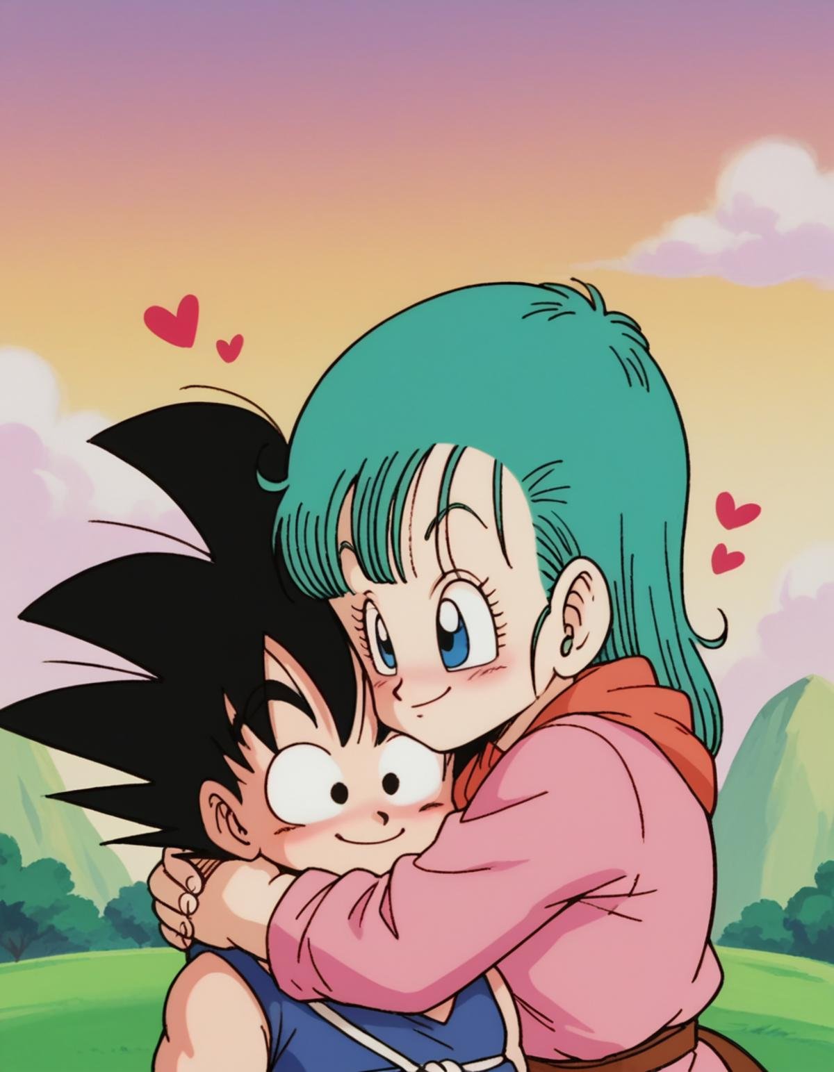 zPDXL, score_9, score_8_up, score_7_up, source_anime, BREAK<lora:EarlyAkira-20:0.8> drgbls1, son goku, black hair, black eyes, bulma, blue hair, blue eyes, multiple characters, 1girl, 1boy, outdoors, smiling, happy, hugging, looking at another, cute, adorable, blush, heart,