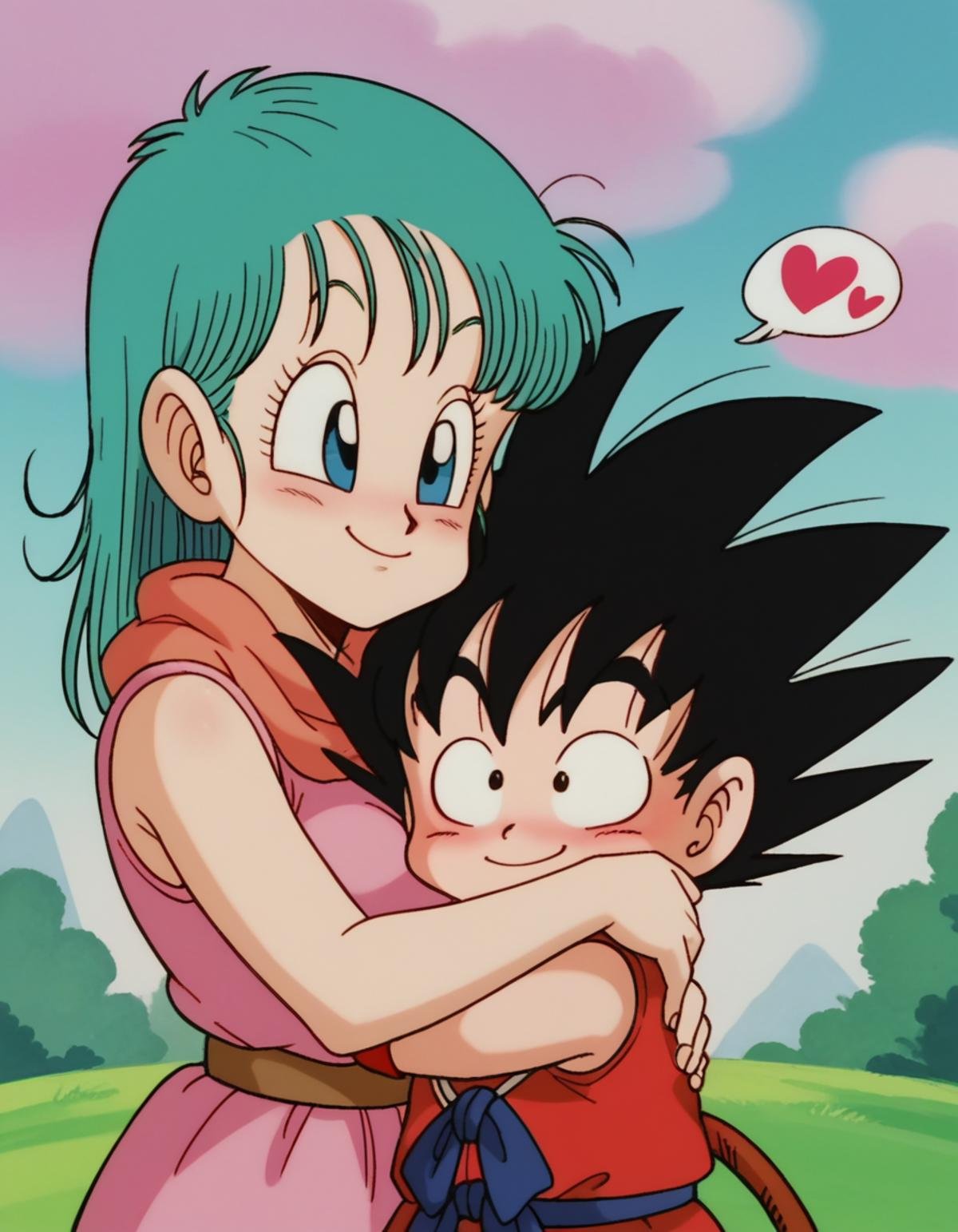 zPDXL, score_9, score_8_up, score_7_up, source_anime, BREAK<lora:EarlyAkira-20:0.8> drgbls1, son goku, black hair, black eyes, bulma, blue hair, blue eyes, multiple characters, 1girl, 1boy, outdoors, smiling, happy, hugging, looking at another, cute, adorable, blush, heart,