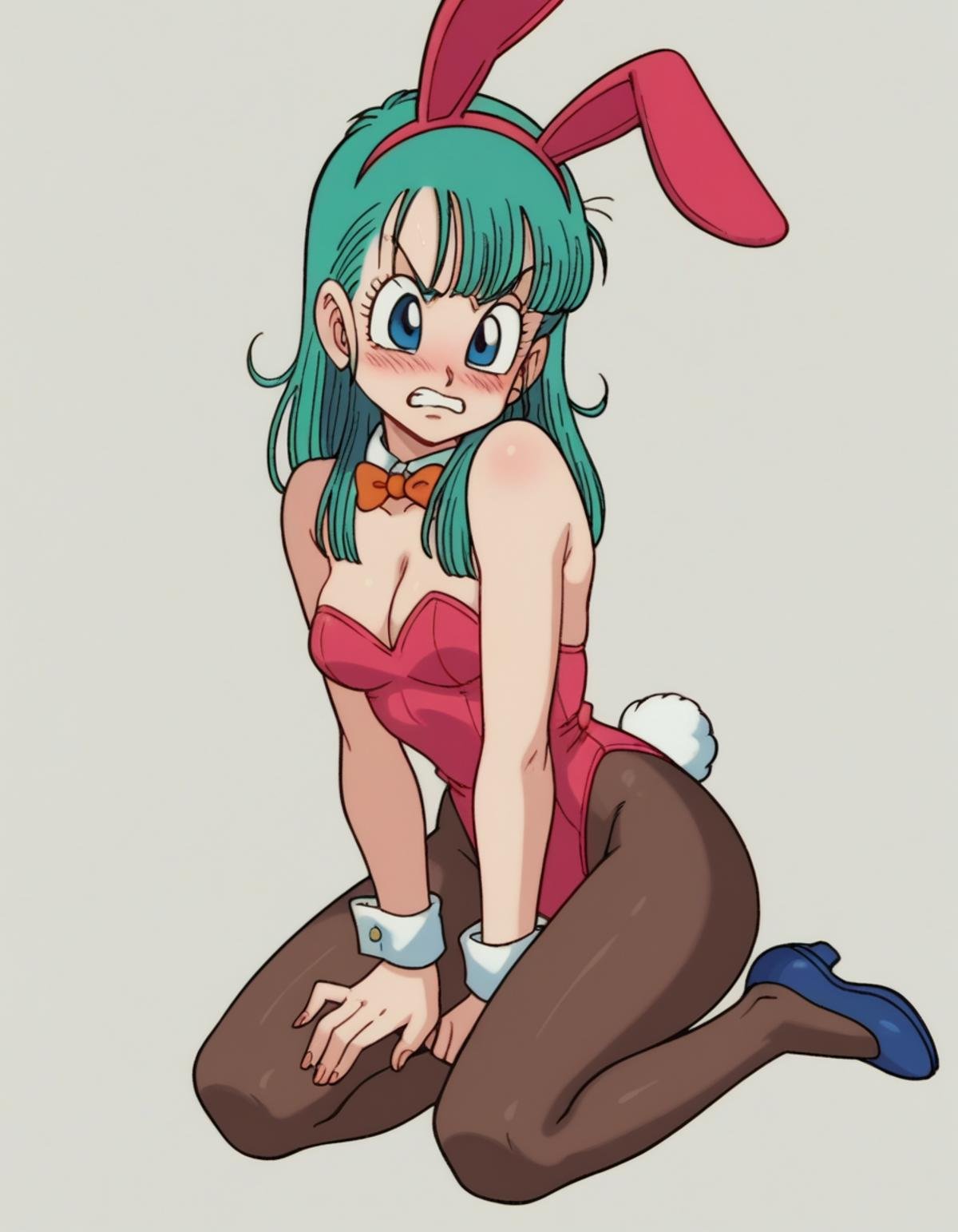 zPDXL, score_9, score_8_up, score_7_up, source_anime, BREAK1girl, solo,  <lora:EarlyAkira-20:0.8> drgbls1, bulma, blue hair, blue eyes, playboy bunny, pantyhose, rabbit ears, rabbit tail, blush, angry, blunt bangs, long hair, 