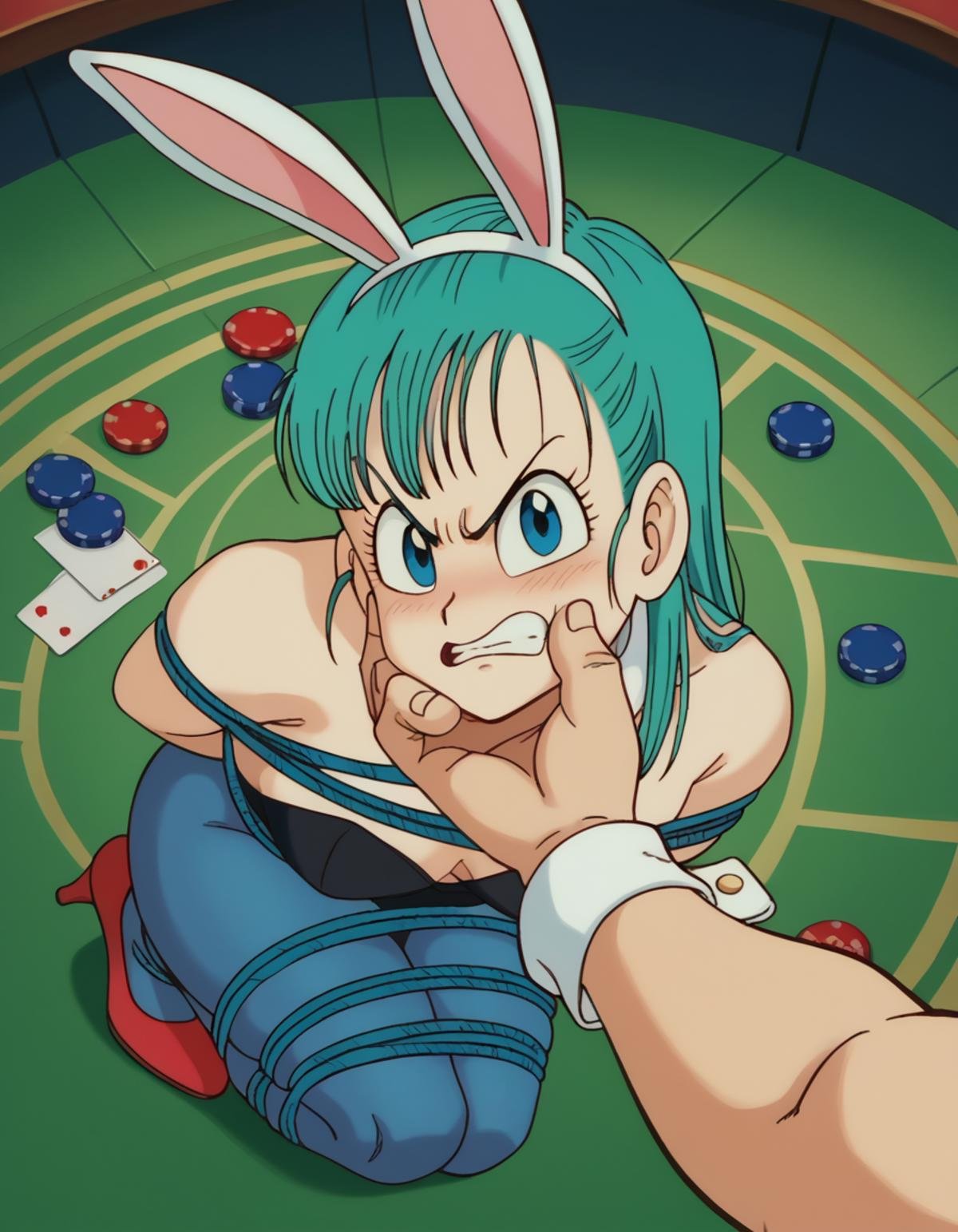 zPDXL, score_9, score_8_up, score_7_up, source_anime, 8k, absurdres, 1girl, <lora:EarlyAkirav1-1:0.8> drgbls1, bulma, blue hair, blue eyes, playboy bunny, black leotard, blue leggings, red high heels, rabbit ears, rabbit tail, white wrist cuffs, blush, angry, covering privates, casino, indoors, looking at viewer,  <lora:VillainousFaceHoldXLv2:1> chin grab, hand on another's chin chin grab, hands behind back, shibari, bondage, bound, rope, 