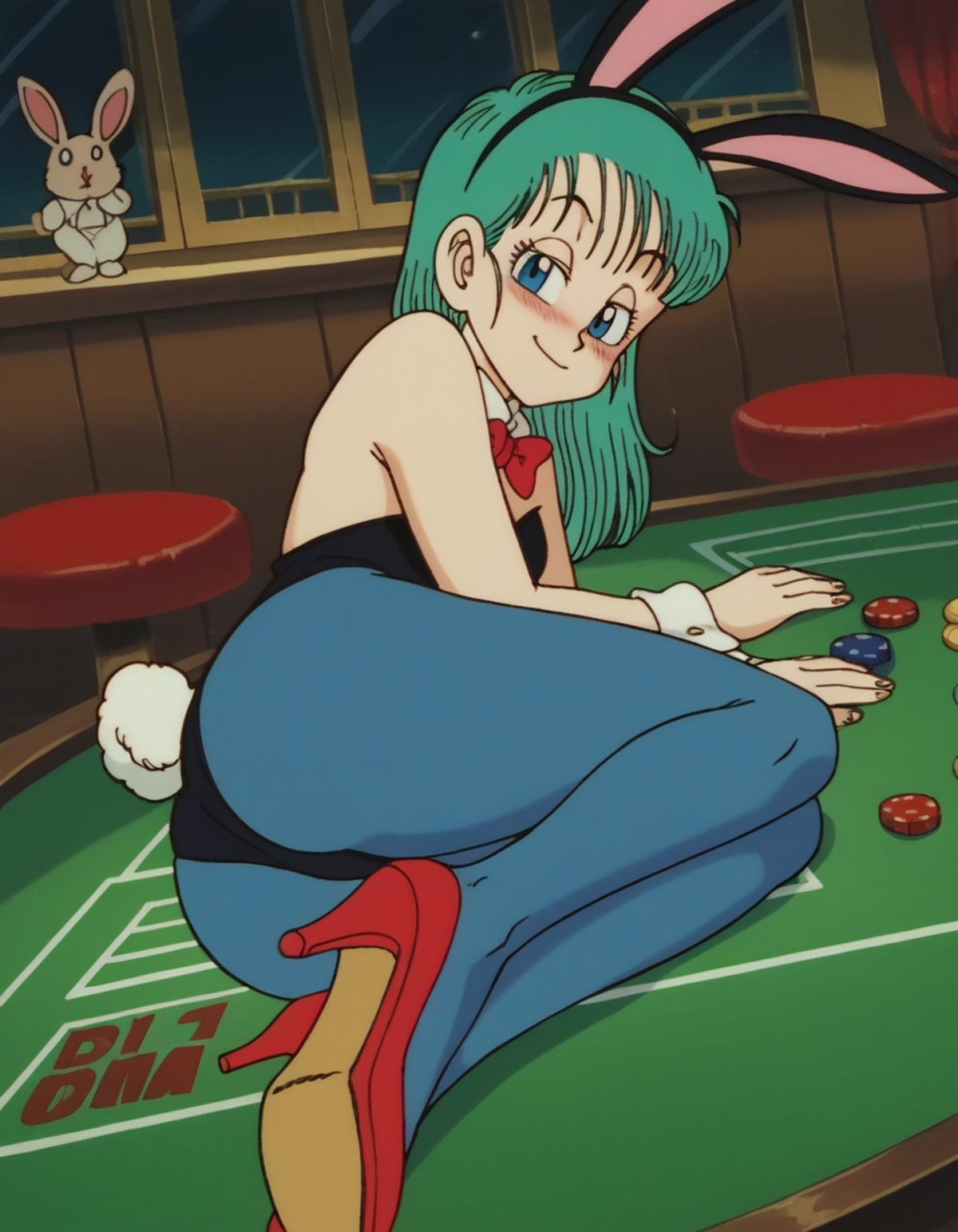 zPDXL, score_9, score_8_up, score_7_up, source_anime, 8k, absurdres, 1girl, <lora:EarlyAkirav1-1:1> drgbls1, bulma, blue hair, blue eyes, playboy bunny, black leotard, blue leggings, red high heels, rabbit ears, rabbit tail, white wrist cuffs, casino, indoors, looking at viewer, on side, blush, light smile, half-closed eyes, 1980s \(style\), retro artstyle, 