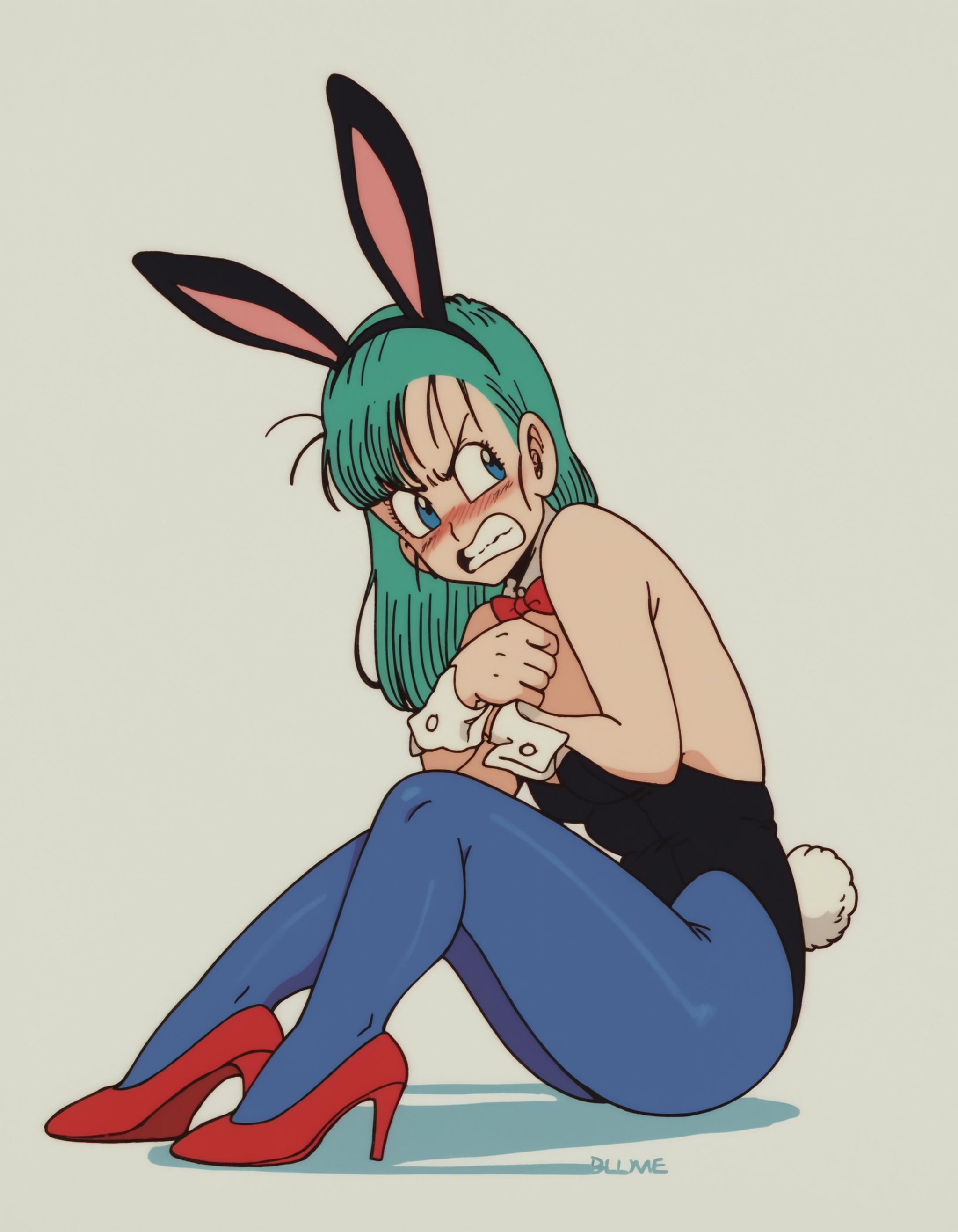 zPDXL, score_9, score_8_up, score_7_up, source_anime, 8k, absurdres, 1girl, <lora:EarlyAkirav1-1:1> drgbls1, bulma, blue hair, blue eyes, playboy bunny, black leotard, blue leggings, red high heels, rabbit ears, rabbit tail, white wrist cuffs, blush, angry, covering privates, 