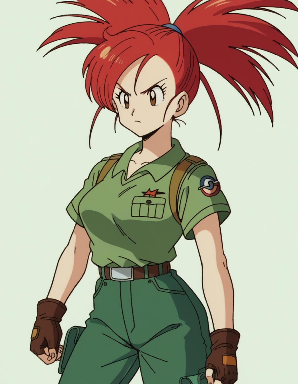 zPDXL, score_9, score_8_up, score_7_up, source_anime, 8k, absurdres, 1980s \(style\), retro artstyle, anime coloring, <lora:EarlyAkirav1-1:0.8> drgbls1, 1girl, soldier wearing Lightweight tactical shirt, cargo pants, combat boots, baseball cap, upper body, portrait, Pokemon, Flannery, red hair, medium breasts, long hair, 