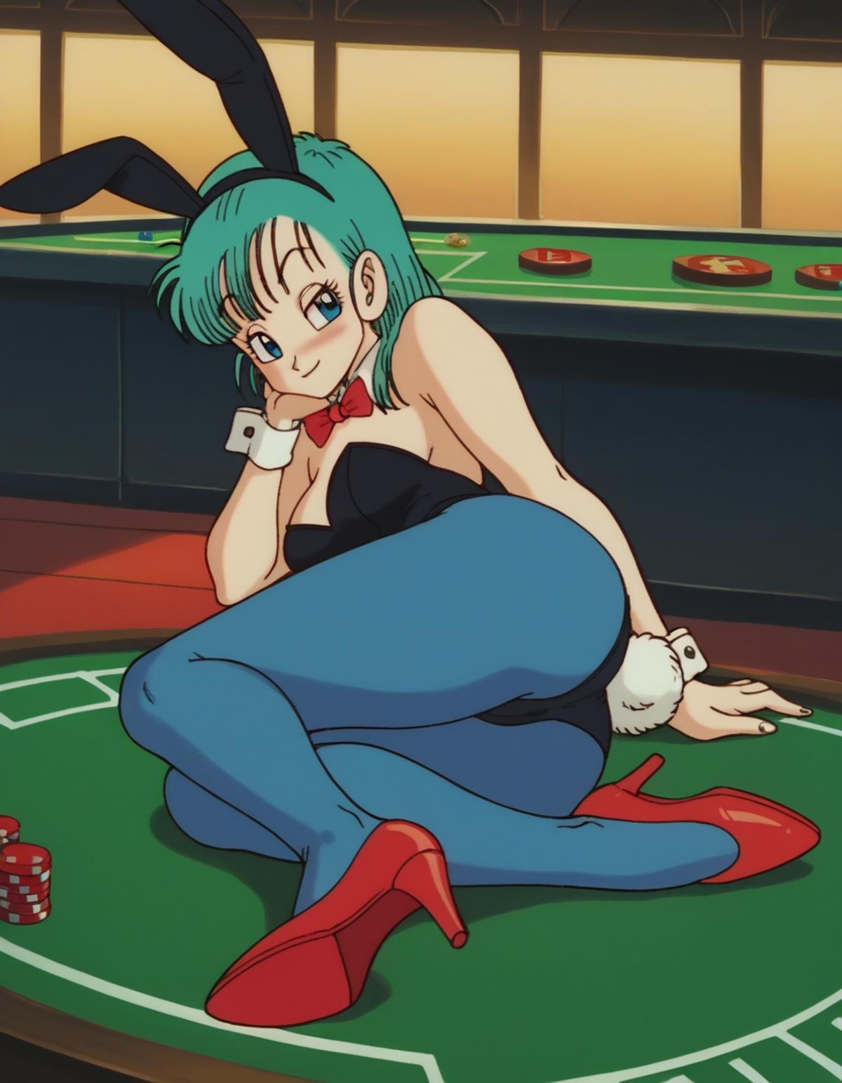 zPDXL, score_9, score_8_up, score_7_up, source_anime, 8k, absurdres, 1girl, <lora:EarlyAkirav1-1:1> drgbls1, bulma, blue hair, blue eyes, playboy bunny, black leotard, blue leggings, red high heels, rabbit ears, rabbit tail, white wrist cuffs, casino, indoors, looking at viewer, on side, blush, light smile, half-closed eyes, 1980s \(style\), retro artstyle, 