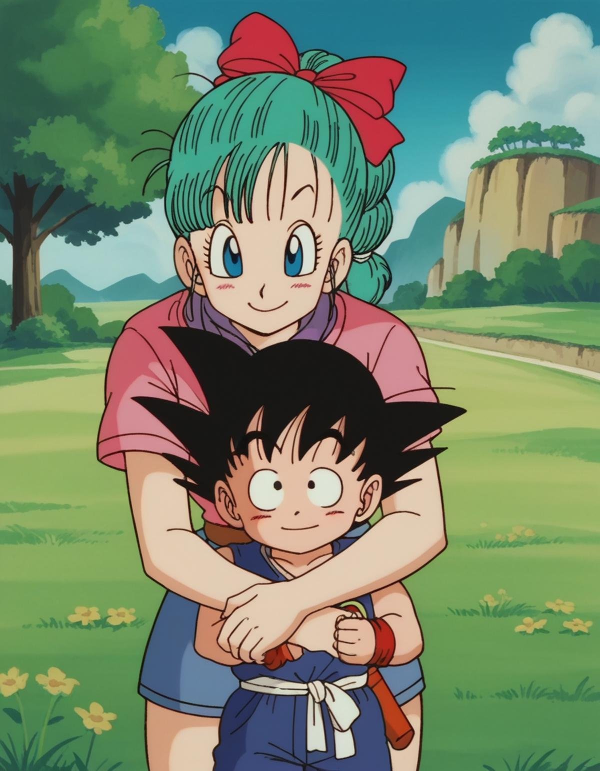 zPDXL, score_9, score_8_up, score_7_up, source_anime, 8k, absurdres, 1980s \(style\), retro artstyle, anime coloring, <lora:EarlyAkirav1-1:0.8> drgbls1, son goku, black hair, black eyes, bulma, blue hair, blue eyes, multiple characters, 1girl, 1boy, outdoors, smiling, happy, hugging, cute, adorable, blush, heart, outdoors, mountain, sky, cloud, grass, bush, tree, looking at viewer, 