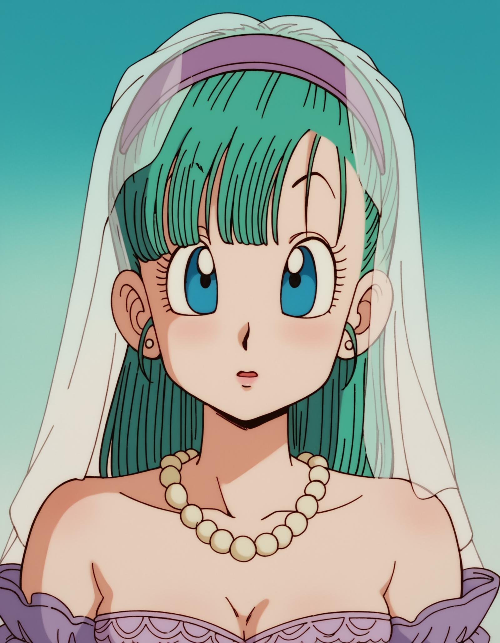 zPDXL, score_9, score_8_up, score_7_up, source_anime,1girl, solo,  <lora:EarlyAkira_v3:0.8> drgbls1, bride wearing Velvet off-the-shoulder top with lace trim, velvet mermaid skirt, velvet headband, velvet platform heels, wedding veil with lace, delicate pearl necklace and earrings set, bulma, blue hair, blue eyes, 