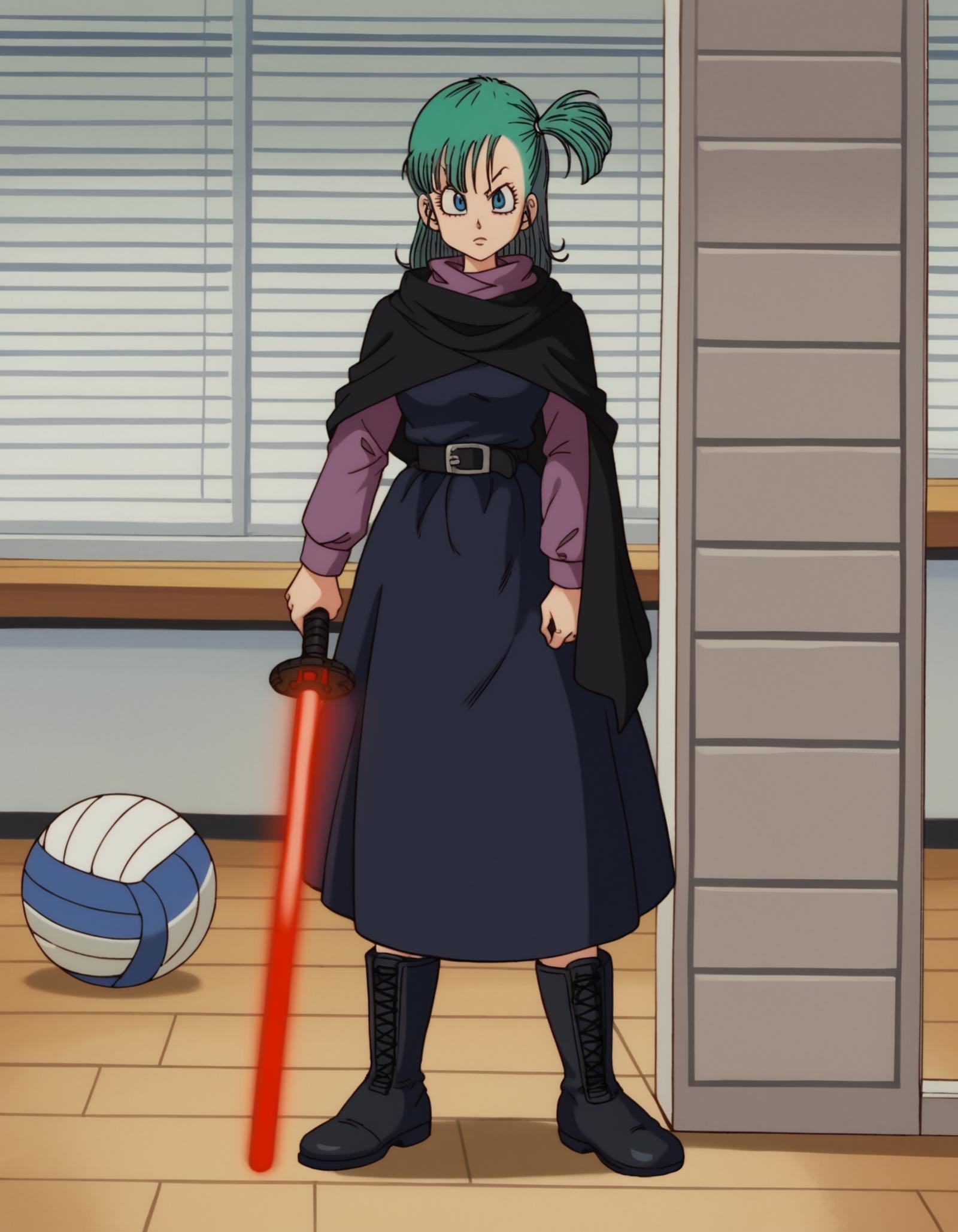 zPDXL, score_9, score_8_up, score_7_up, source_anime,1girl, solo,  <lora:EarlyAkira_v3:0.8> drgbls1, (sith lord) wearing a armored Sith robe, high-collared Sith tunic, black sash belt, heavy duty boots, long dark cloak, holding a double-bladed red lightsaber, bulma, blue hair, blue eyes, fitness center, spacious room with volleyball setup, mirrors on the walls, various gym equipment around, bright and clean environment 