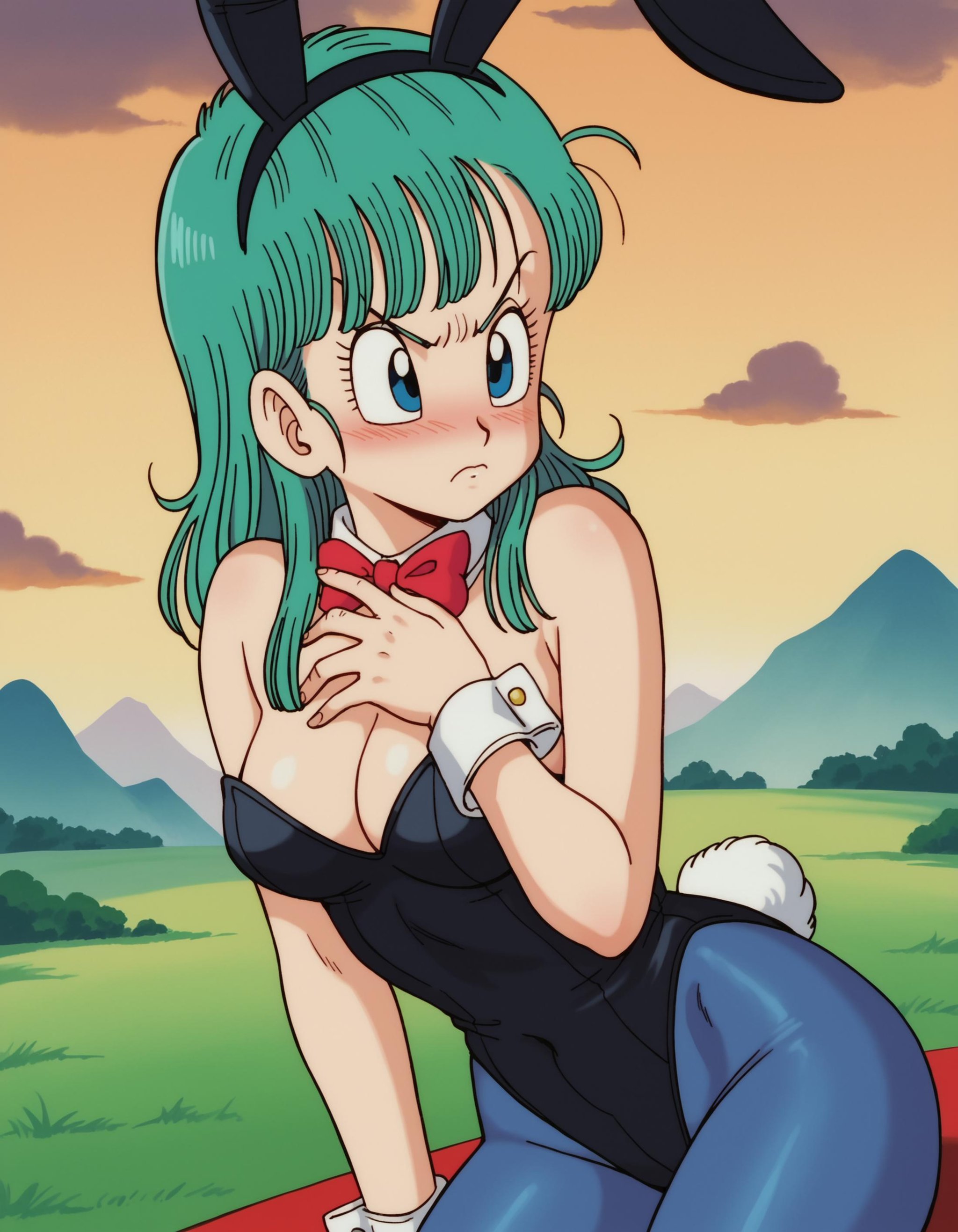 zPDXL, score_9, score_8_up, score_7_up, source_anime,1girl, solo, <lora:EarlyAkira_v3:0.8> drgbls1, bulma, blue hair, blue eyes, playboy bunny, black rabbit ears, white rabbit tail, black leotard, blue leggings, blush, angry, sunset, mountain, cloud, hand covering cleavage, medium breasts, 