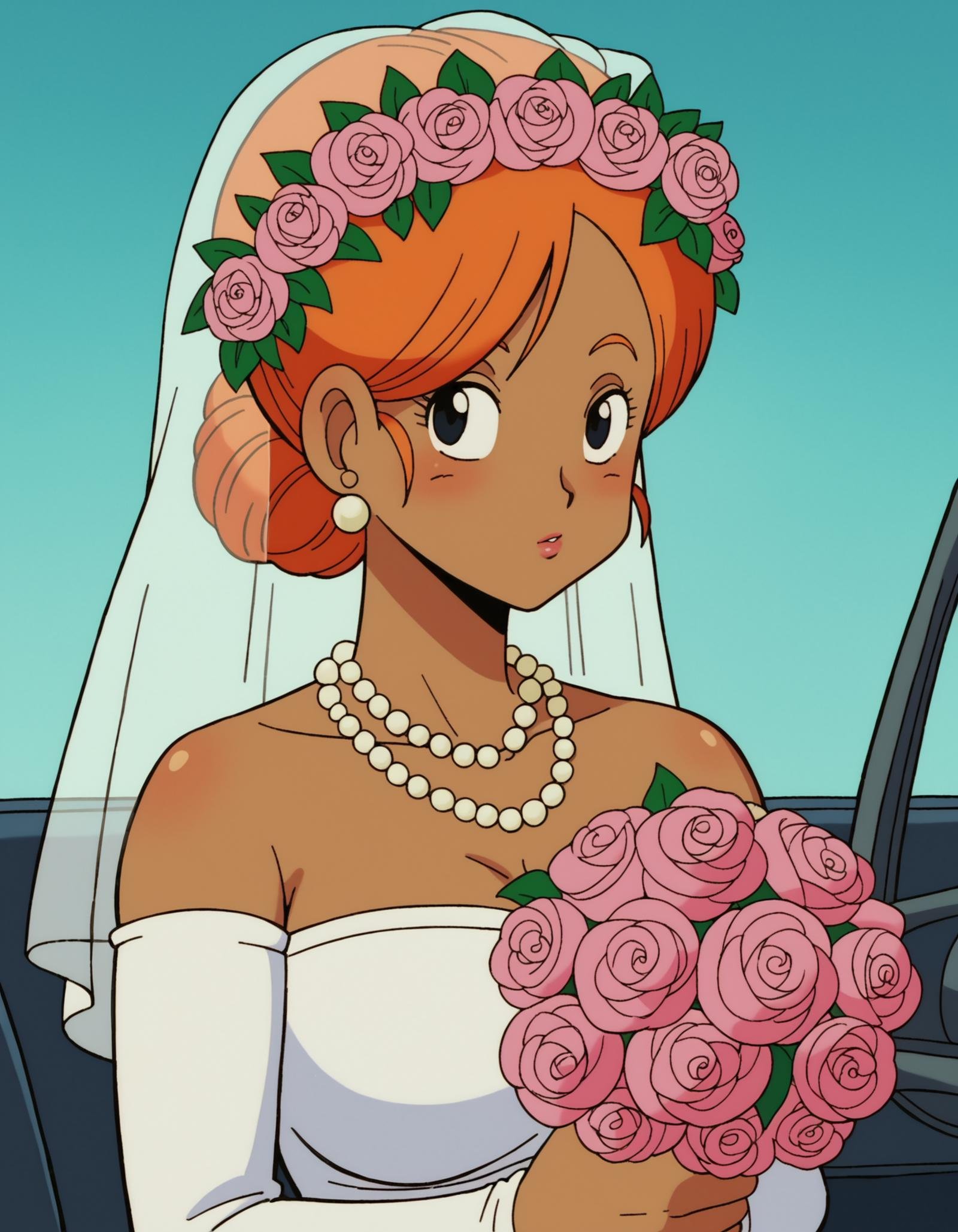 zPDXL, score_9, score_8_up, score_7_up, source_anime,1girl, solo,  <lora:EarlyAkira_v3:0.8> drgbls1, (gorgeous bride) young woman, african, dark skin, black eyes, full-figured build, medium ginger  hair,  wearing Lace halter top with pearl accents, chiffon A-line skirt, flower crown, lace-up ballet flats, wedding veil with lace, delicate pearl necklace and earrings set, holding a bouquet of elegant bouquet of calla lilies and orchids in shades of ivory and champagne, set in car Driver's Seat, Contoured leather seat with adjustable lumbar support, sleek dashboard with digital display, cup holders, compact storage compartments, a steering wheel with integrated controls , at night, 