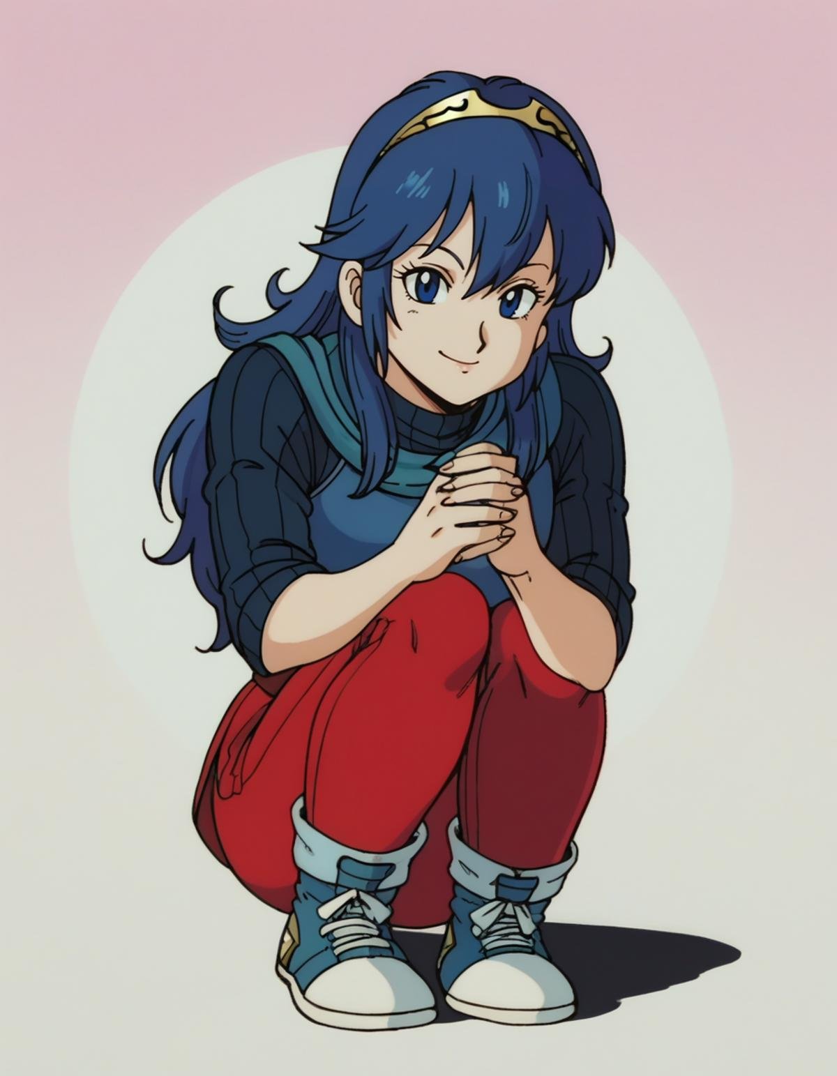 zPDXL, score_9, score_8_up, score_7_up, score_6_up, score_5_up, 4k, absurdres, looking at viewer, <lora:Perfect Hands:0.8> Perfect Hands, 1girl, solo, lucina \(fire emblem\), blue eyes, blue hair, long hair, light smile, horns pose, boho-blouse, sneakers, <lora:EarlyAkira_v4:1> drgbls1, retro artstyle, 1980s \(style\), anime coloring, 