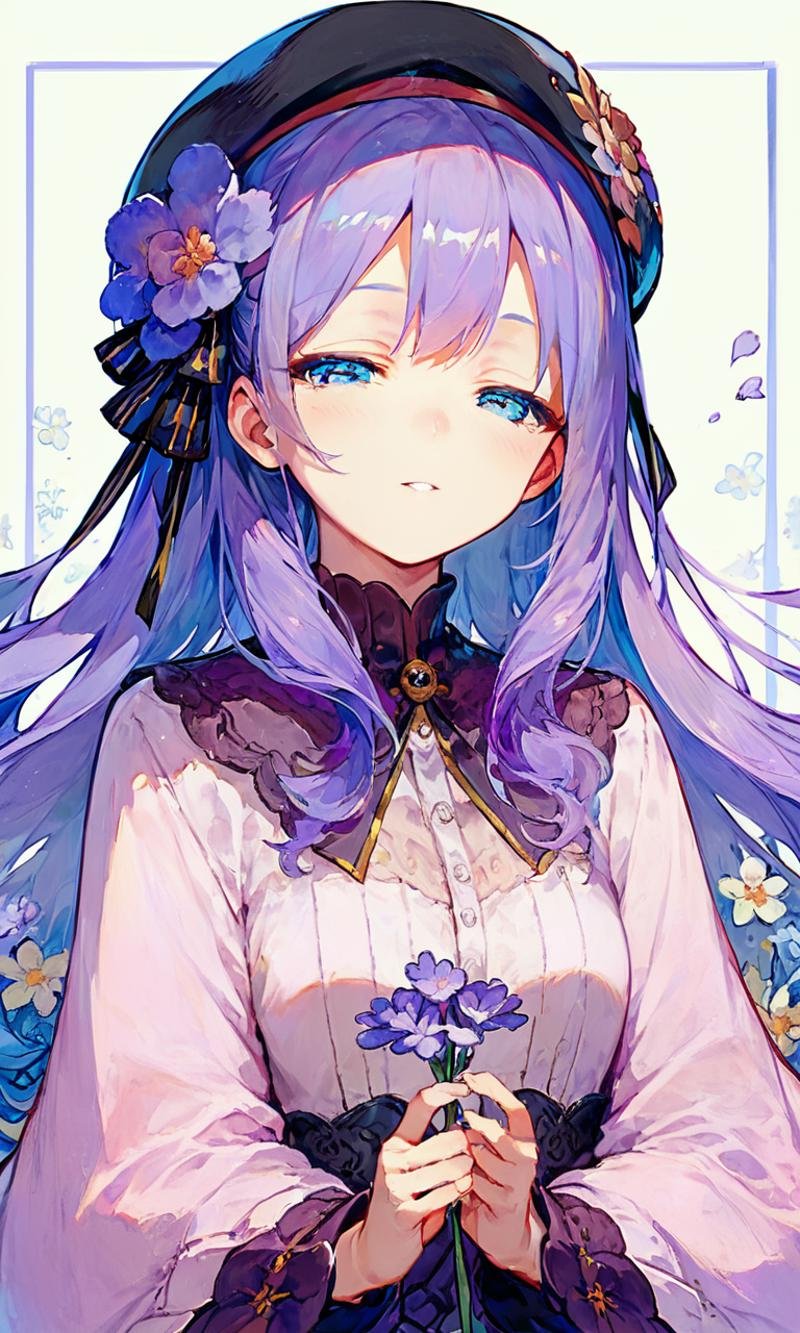 score_9,score_8_up,score_7_up,solo,flower,1girl,purple flower,hat,blue eyes,asahina mafuyu,looking at viewer,black headwear,long hair,holding,hair ornament,upper body,hair flower,half-closed eyes,beret,purple hair,