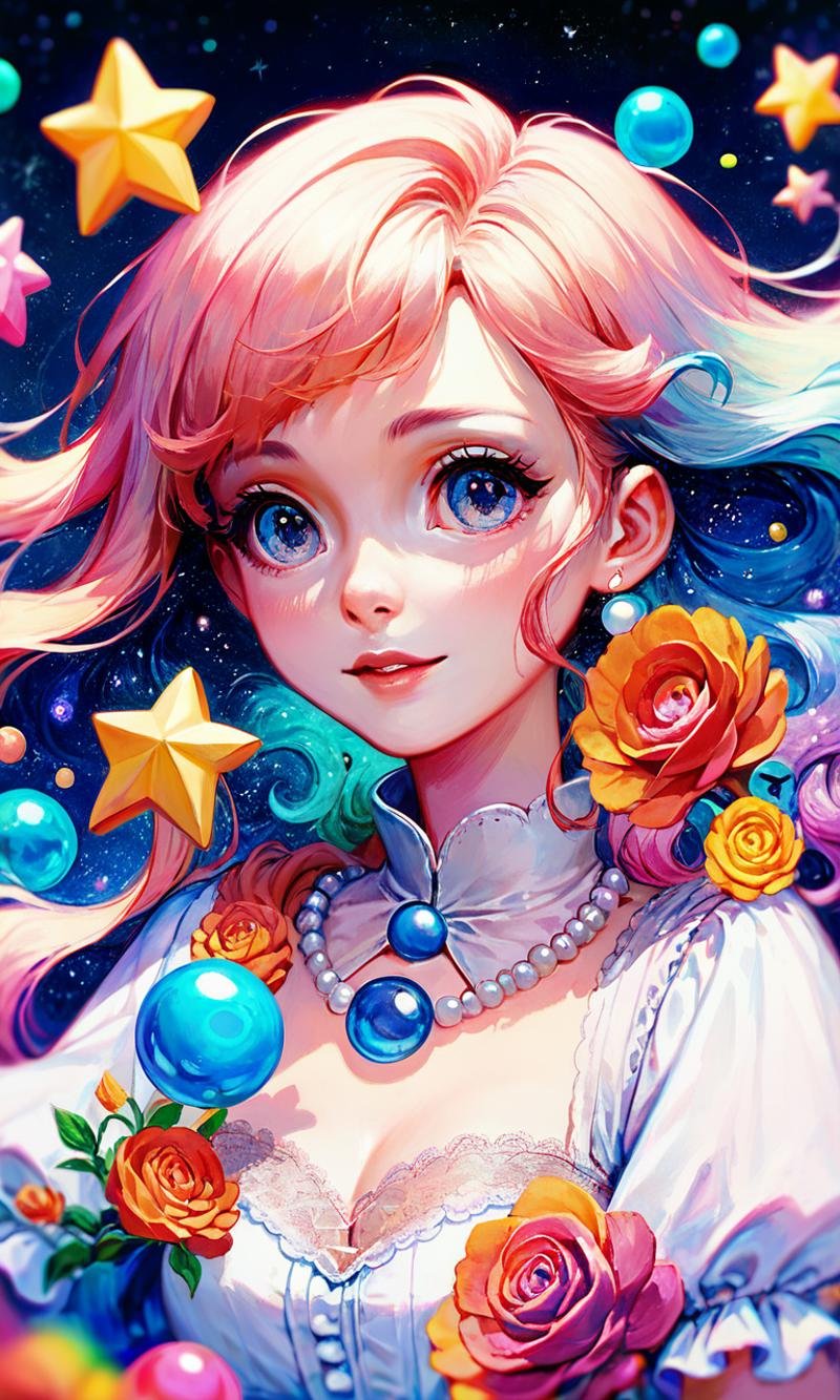 score_9,score_8_up,score_7_up,solo,flower,(illustration), 1girl, mixed-blood, stars in the eyes, messy floating hair, colored inner hair, Starry sky adorns hair, (colorful Bubble), (pearl), (Galaxy), depth of field, upper body, lace-trimmed dress