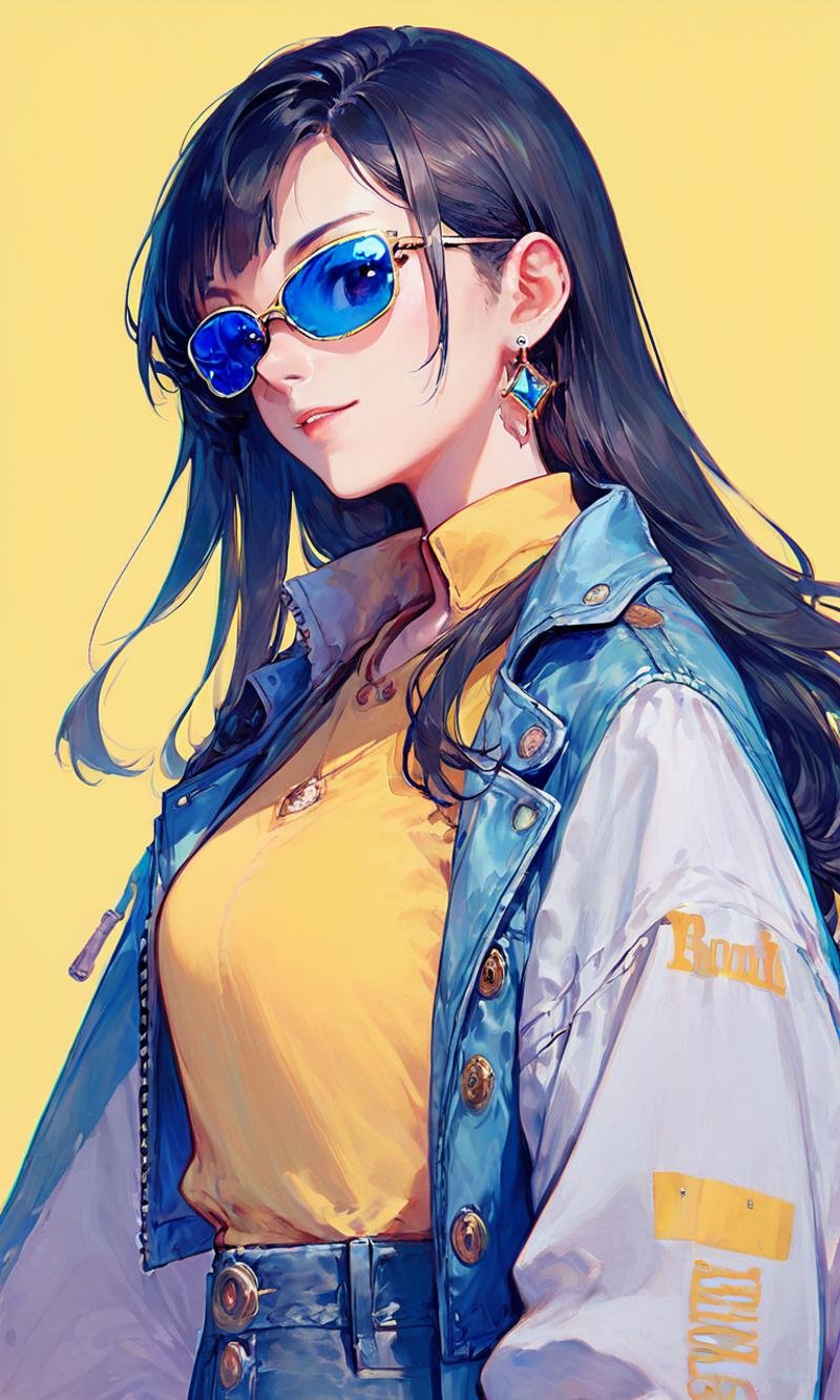 score_9,score_8_up,score_7_up,1girl, solo, long hair, yellow background, black hair, jewelry, earrings, simple background, looking at viewer, yellow shirt, shirt, upper body, tinted eyewear, sunglasses, blue-tinted eyewear, from side, jacket,