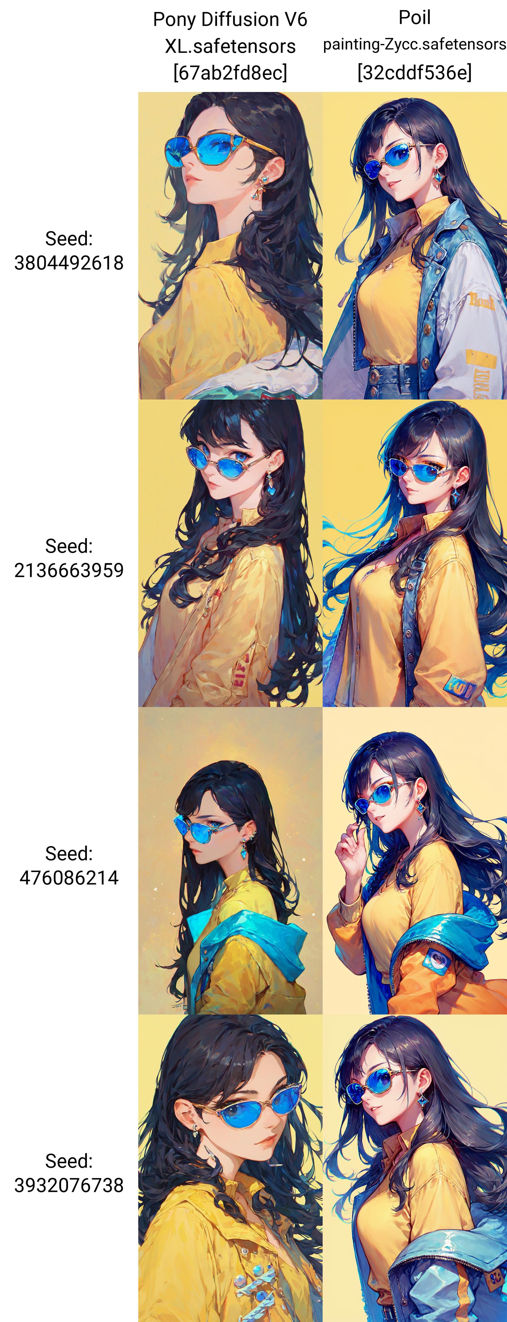 score_9,score_8_up,score_7_up,1girl, solo, long hair, yellow background, black hair, jewelry, earrings, simple background, looking at viewer, yellow shirt, shirt, upper body, tinted eyewear, sunglasses, blue-tinted eyewear, from side, jacket,