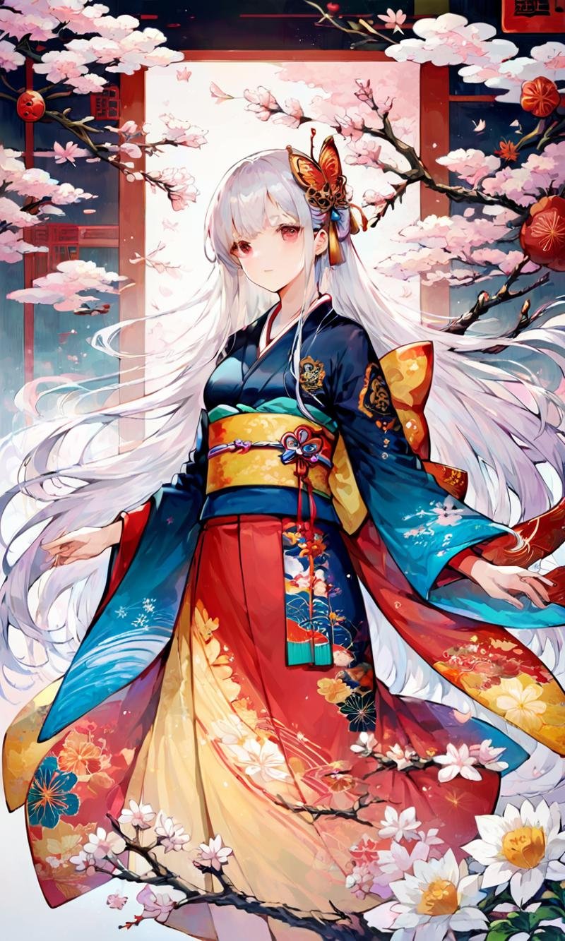 score_9,score_8_up,score_7_up,source_anime,1girl,long hair,solo,bug,japanese clothes,white hair,butterfly,kimono,very long hair,sash,branch,obi,red eyes,