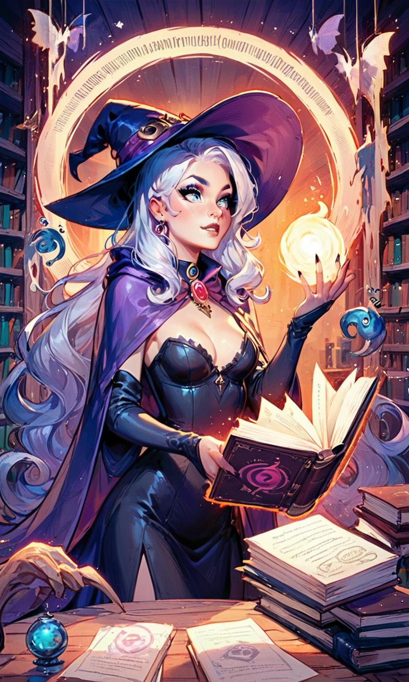 score_9,score_8_up,score_7_up,wizard,1 girl,illuminated by the moonlight,with her black cat familiar,Fantastically lit library,invoking magic,best quality,newest,absurdres,