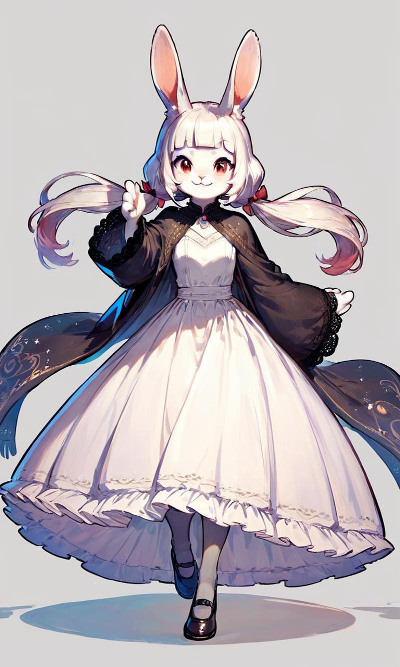 (score_9, score_8_up, score_7_up),(furry female),(rabbit girl),blunt bangs,low twintails,puffy twintails,(long dress),white skirt,black shawl,grey pantyhose,black shoes,dynamic pose,cowboy shot,light smile,(simple background:1.5),(uncensored),