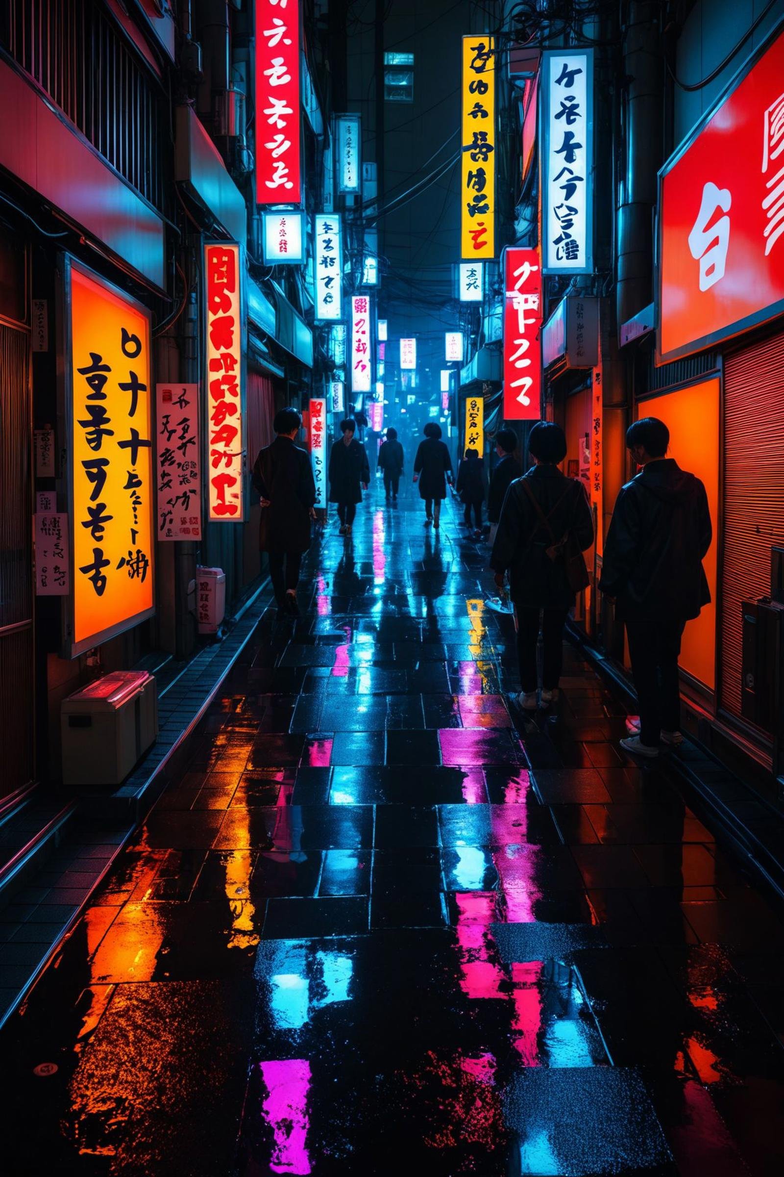 Neon-lit alleyway in Tokyo, bustling with people, vibrant signs and billboards, reflections on wet pavement, night scene, cyberpunk vibes<lora:aidma-Image Upgrader-v0.1:1> 