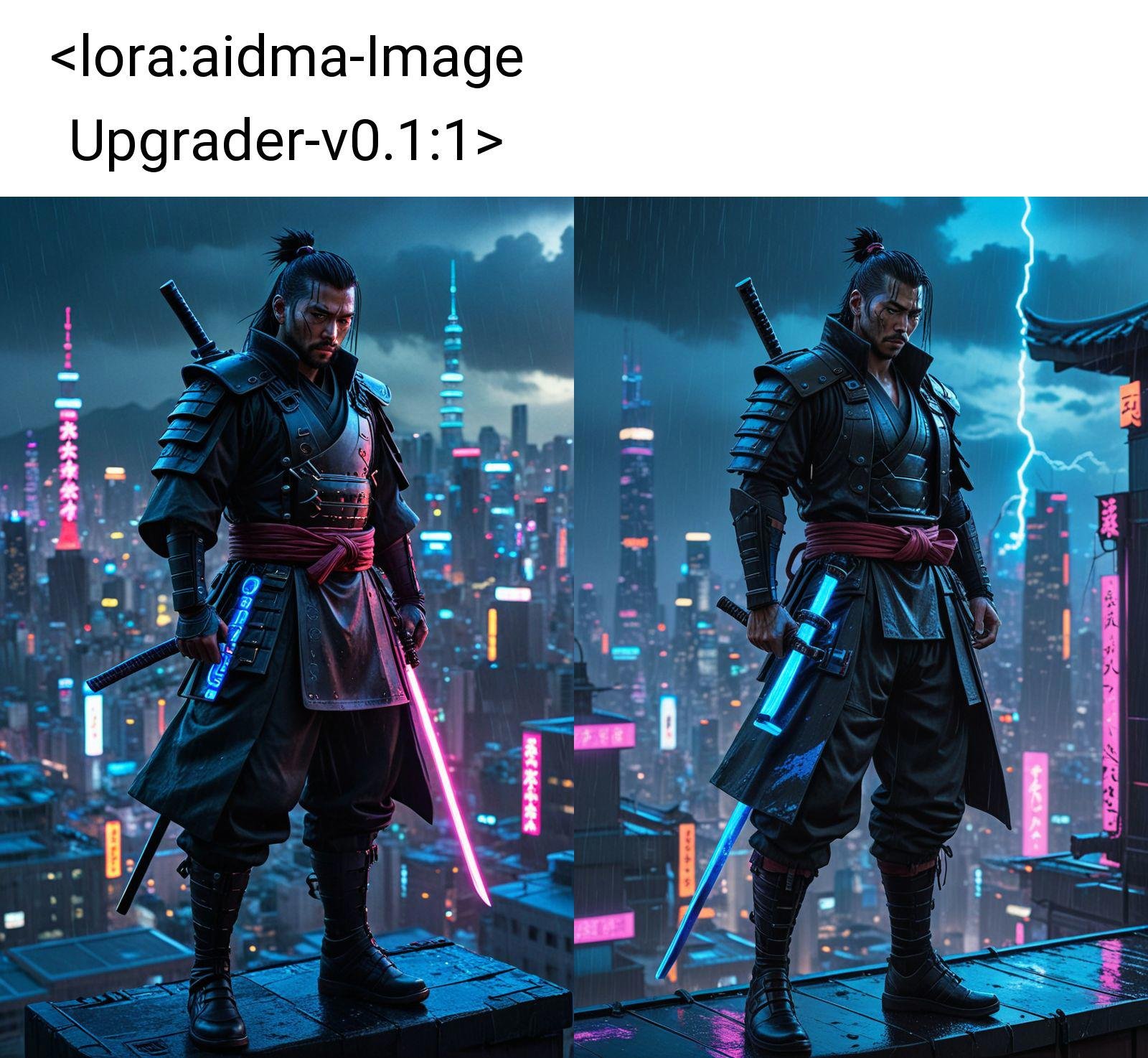 A cyberpunk samurai standing on a neon-lit rooftop, with a futuristic cityscape sprawling behind him, his katana glowing with blue energy, the rain falling heavily, creating a moody and intense atmosphere.<lora:aidma-Image Upgrader-v0.1:1> , detailmaximizer, max details 