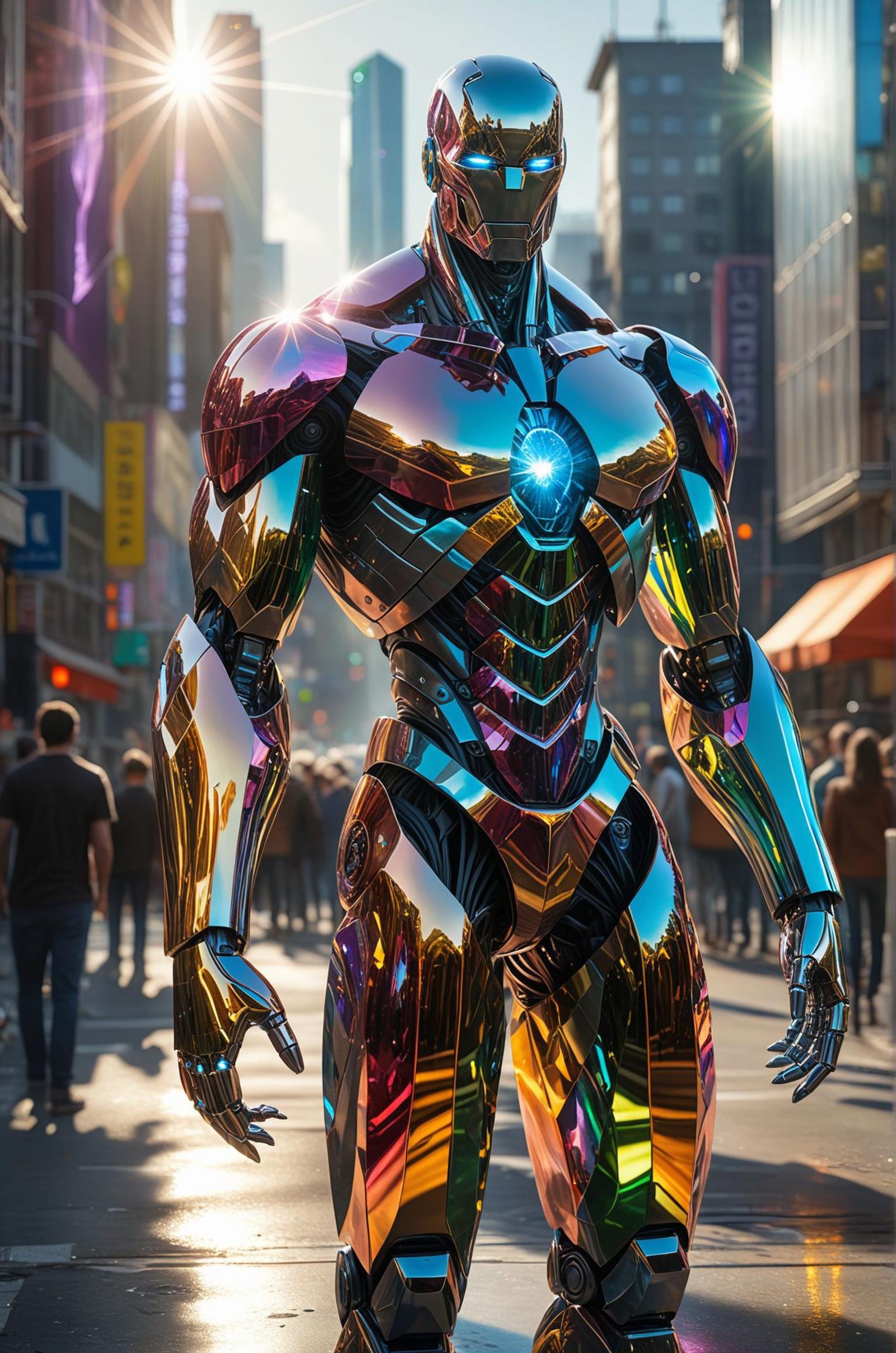 hyper realistic, a colossal humanoid figure made of crystal, standing in the middle of a bustling city, sunlight casting colorful reflections, majestic and surreal , (masterpiece, award winning artwork)Trending on Artstation, many details, extreme detailed, creative,Wide range of colors, high Dynamic, best quality