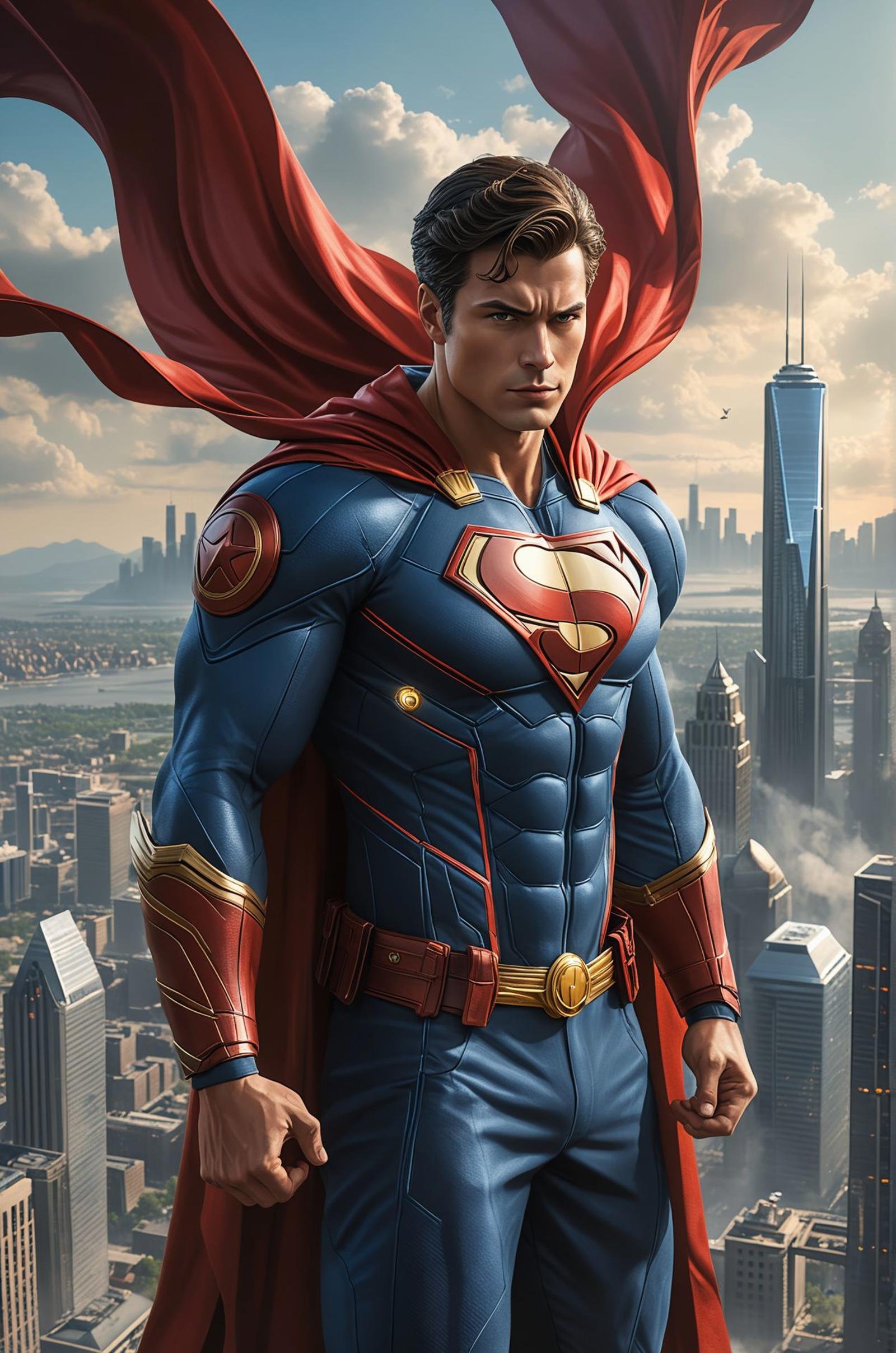 A heroic superhero with a flowing cape and emblem on his chest, flying over a modern city skyline, ready to save the day , (masterpiece, award winning artwork)Trending on Artstation, many details, extreme detailed, creative,Wide range of colors, high Dynamic, best quality