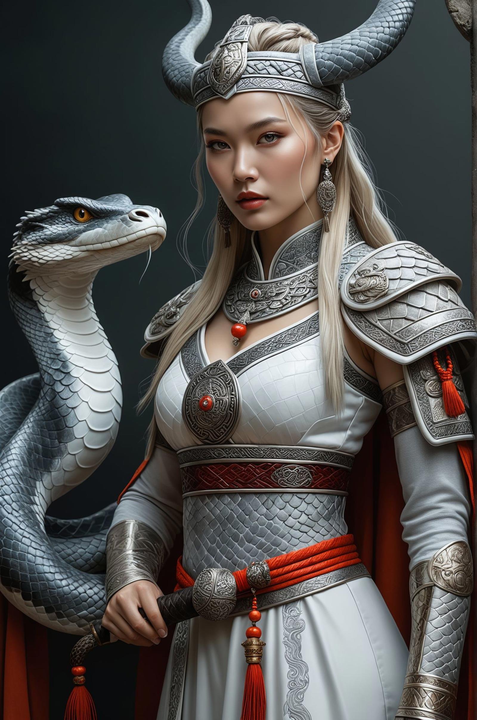 A beautiful Viking woman, surrounded by a formidable python and featuring traditional attire from the Song Dynasty in China. In the style of dark white and light silver, hyperrealistic illustration, bold colors and meticulous brushwork in a symmetrical composition for a full body Portrait , (masterpiece, award winning artwork)Trending on Artstation, many details, extreme detailed, creative,Wide range of colors, high Dynamic, best quality