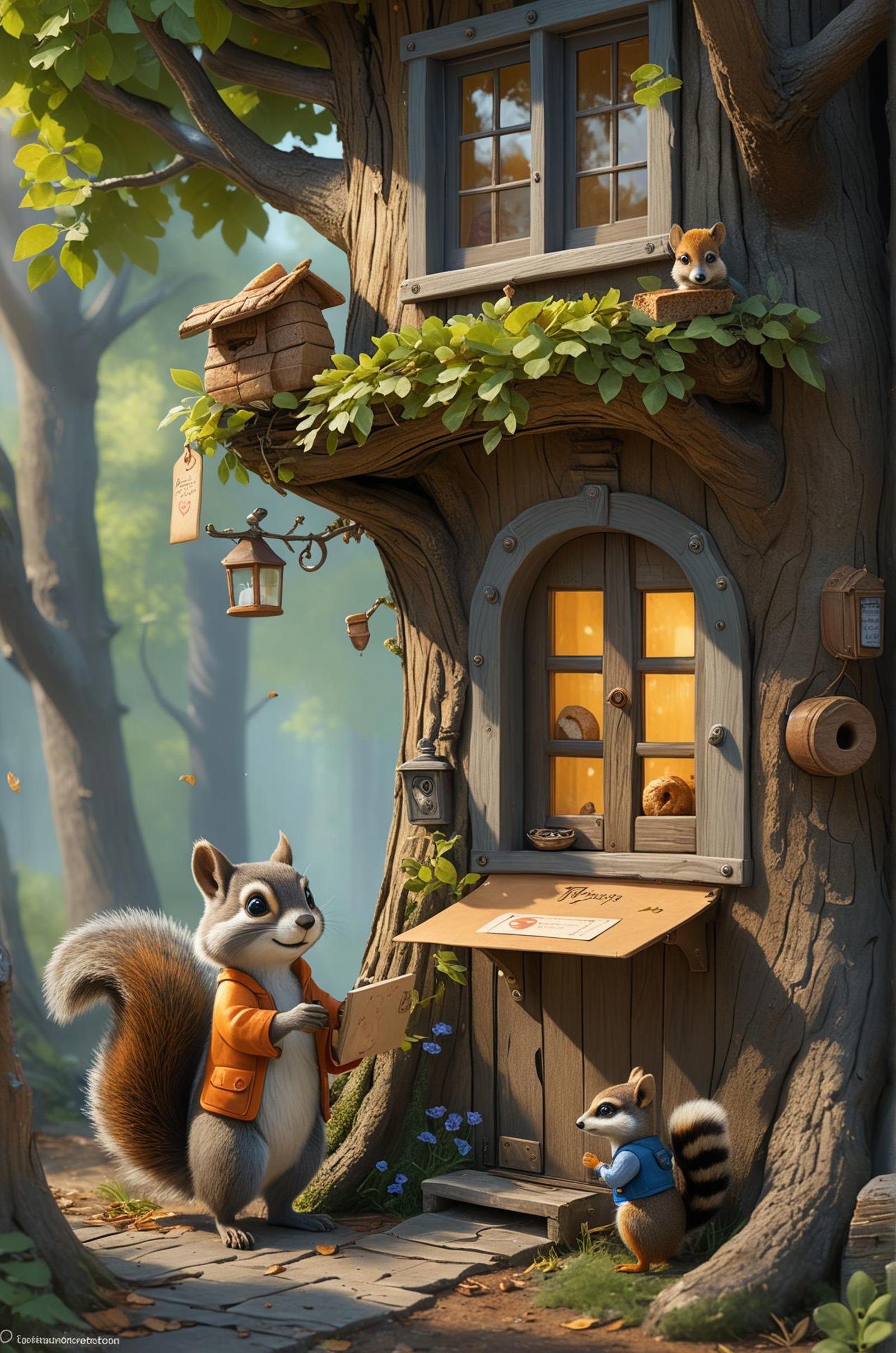 A magical forest scene with trees that have doors and windows, inhabited by woodland creatures wearing tiny clothes, a squirrel postman delivering letters, and a raccoon baker placing fresh bread in the window of a tree trunk bakery. , (masterpiece, award winning artwork)Trending on Artstation, many details, extreme detailed, creative,Wide range of colors, high Dynamic, best quality