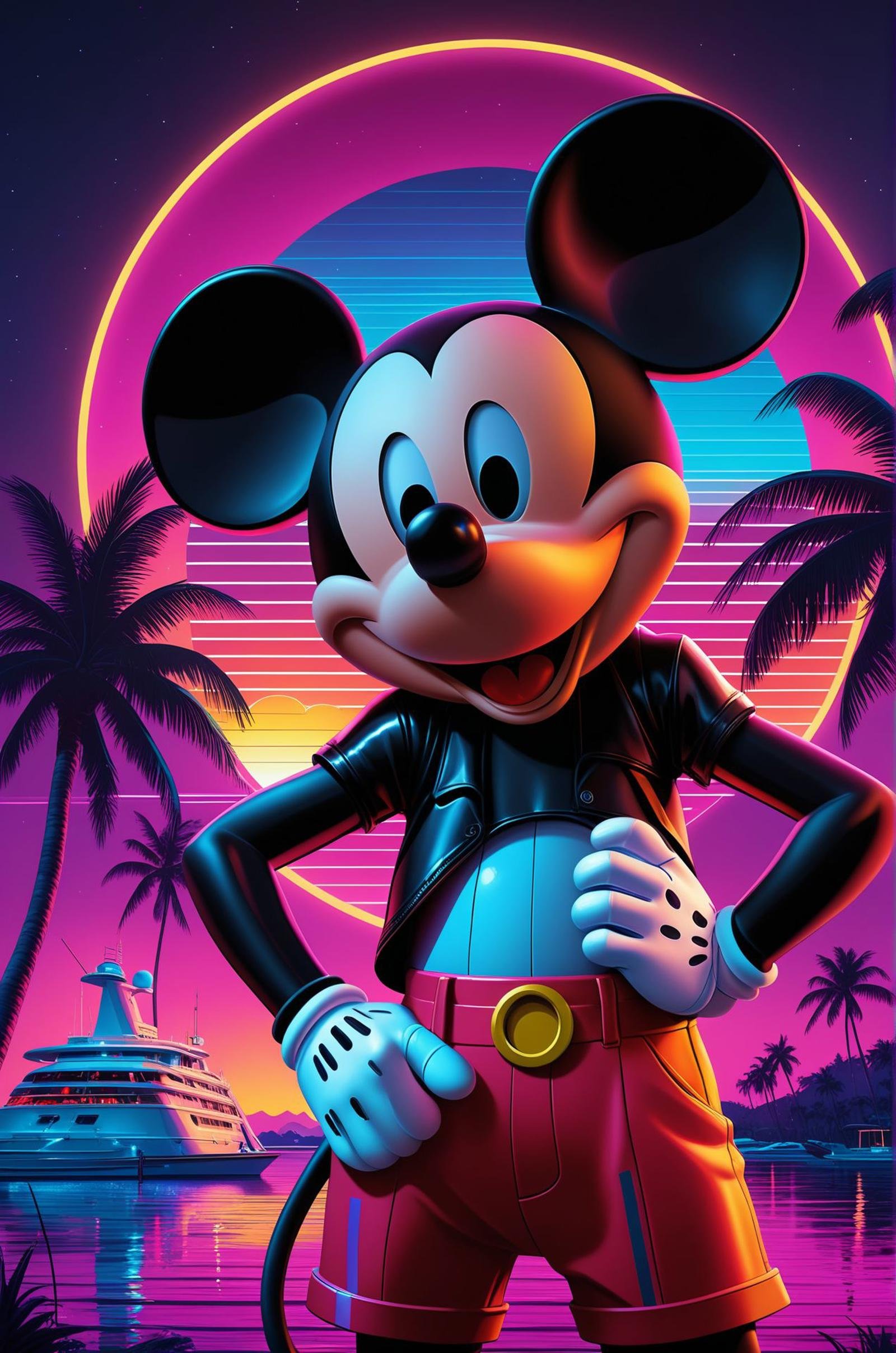 Mickey Mouse in a glamorous synthwave 80s Miami Style , (masterpiece, award winning artwork)Trending on Artstation, many details, extreme detailed, creative,Wide range of colors, high Dynamic, best quality