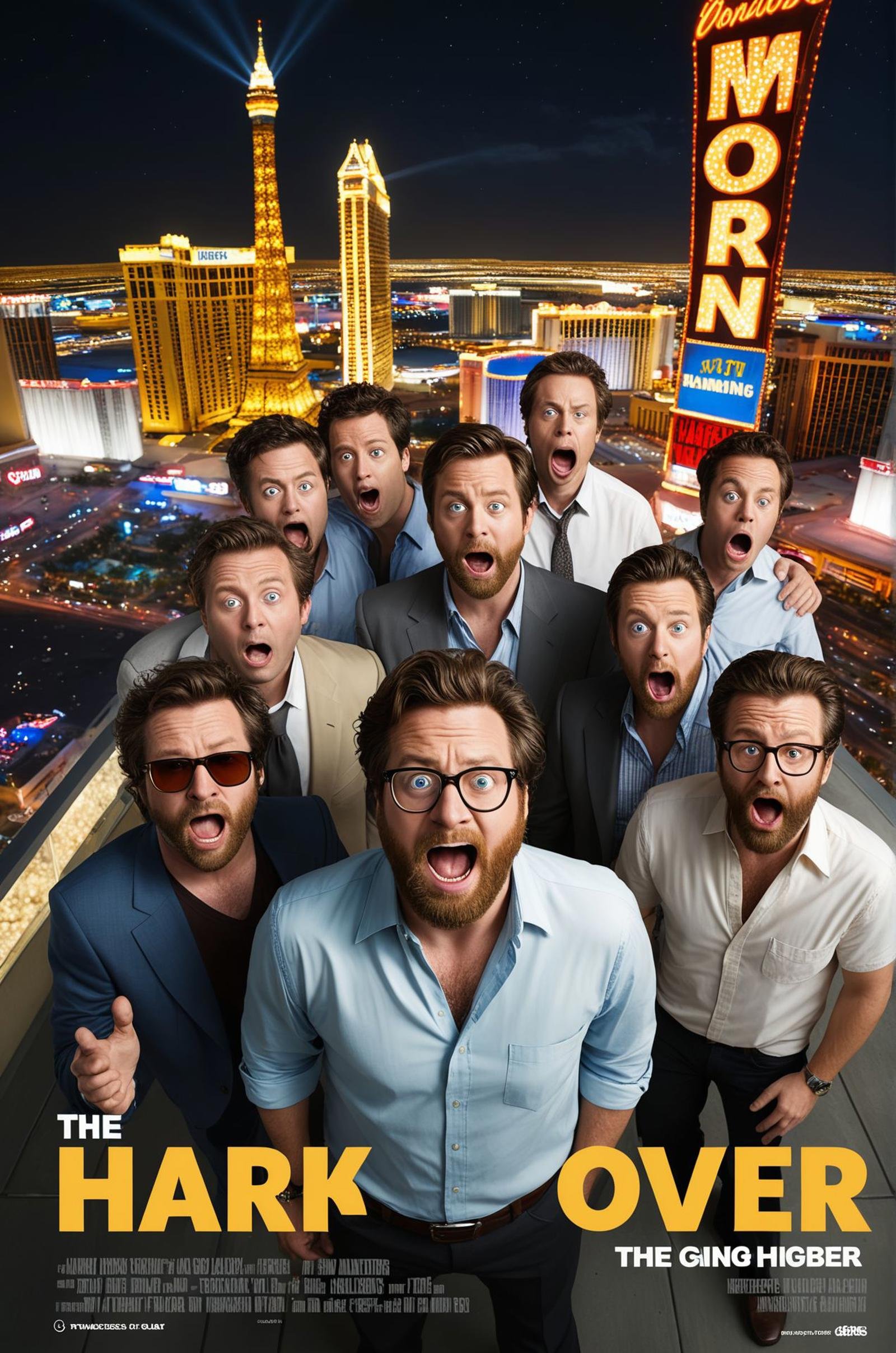 The Hangover poster with big (crazy, comedic style text) ("The Hangover":1.5) On the rooftop of a Las Vegas hotel, a group of disheveled friends stands in shock, piecing together the events of a wild night. The background features the dazzling lights of the Vegas strip and the remnants of their outrageous adventure. The scene is photographed from a wide angle, capturing the chaos and bewilderment. The lighting is bright and dazzling, creating a chaotic and comedic atmosphere that highlights the film's outrageous narrative. , (masterpiece, award winning artwork)Trending on Artstation, many details, extreme detailed, creative,Wide range of colors, high Dynamic, best quality