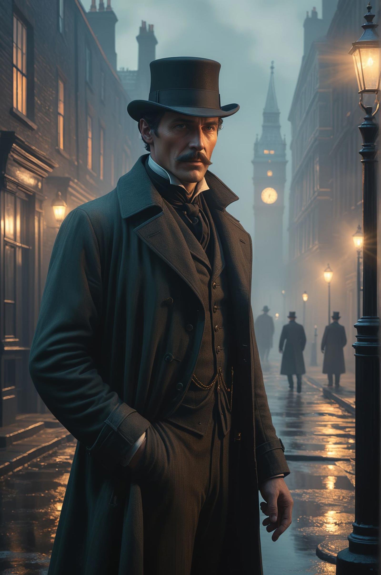 A ghostly Victorian-era detective in a foggy London street, with an ethereal glow surrounding him, solving a mystery only he can see , (masterpiece, award winning artwork)Trending on Artstation, many details, extreme detailed, creative,Wide range of colors, high Dynamic, best quality