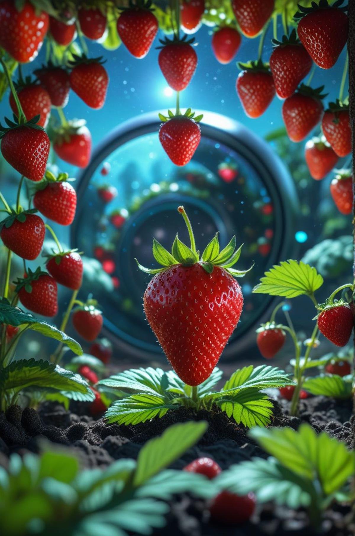 giant floating strawberry, inhabited by tiny alien farmers, futuristic machinery, vibrant garden, intergalactic backdrop ,Ultra realistic, professional photo, uhd, 8k, studio light