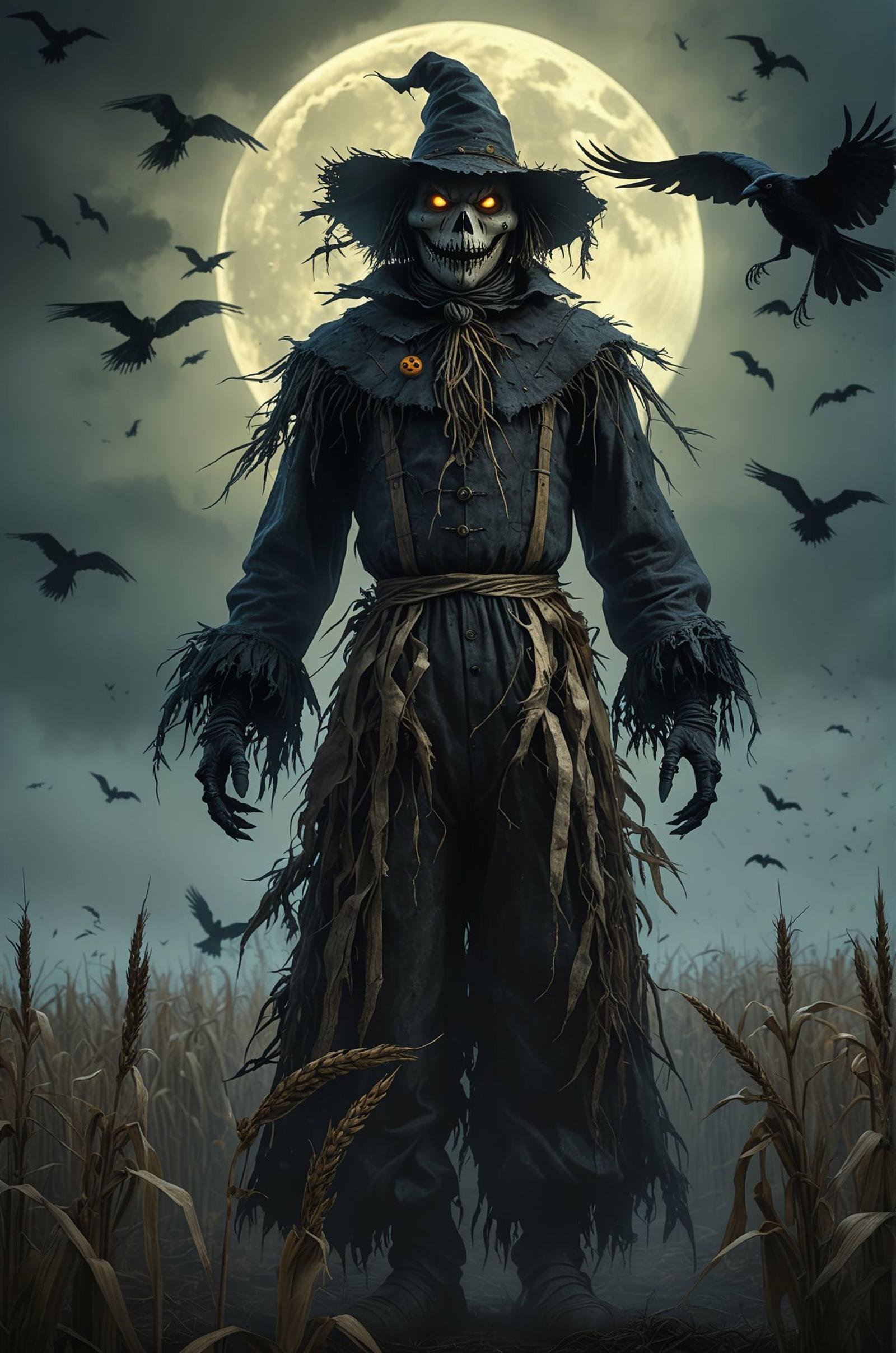 A haunted scarecrow with a twisted, sinister face, standing in a dark, foggy cornfield under a full moon, with crows circling overhead , (masterpiece, award winning artwork)Trending on Artstation, many details, extreme detailed, creative,Wide range of colors, high Dynamic, best quality