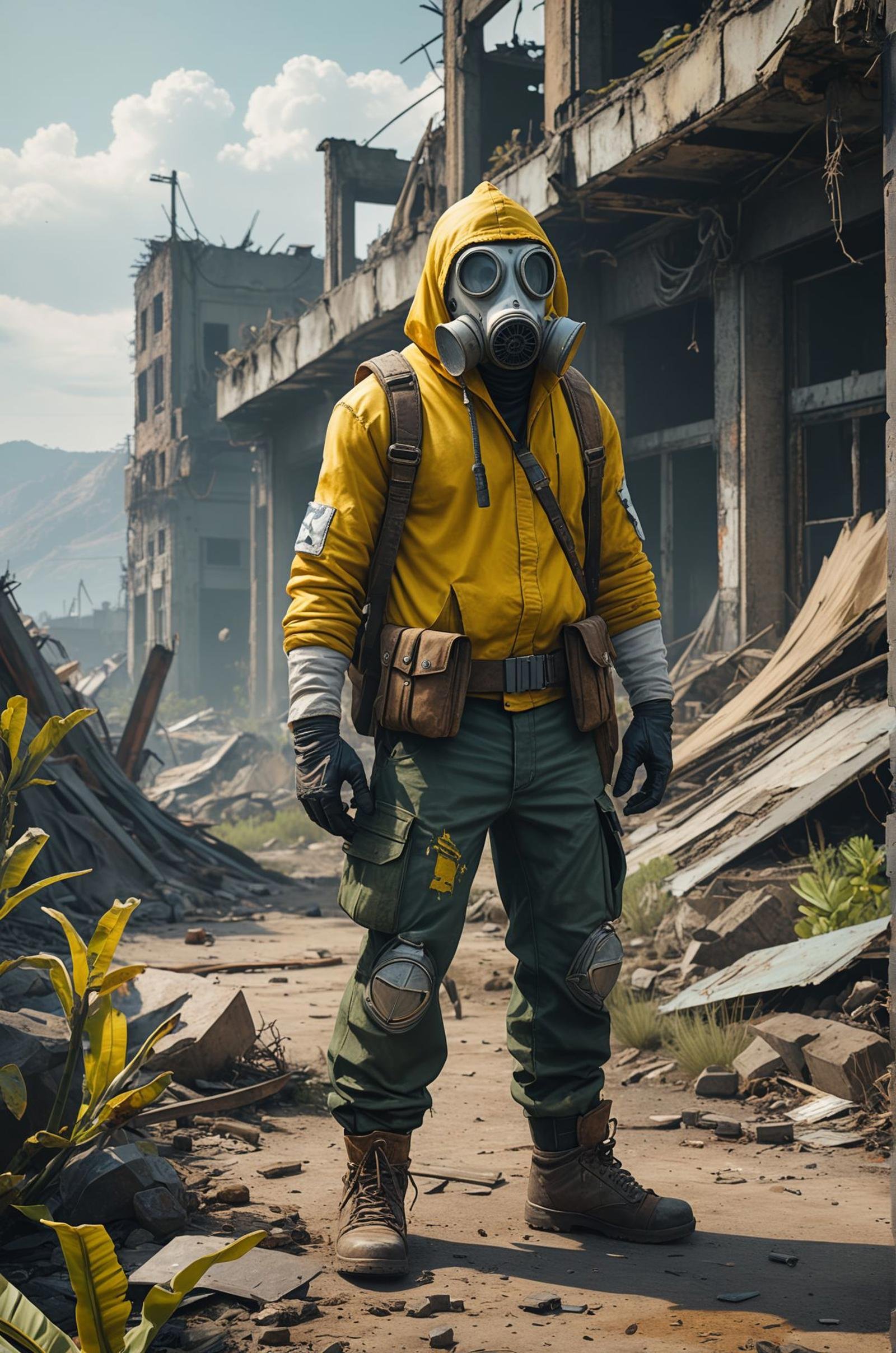 A pixel art banana character stands resilient in a post-apocalyptic landscape. The banana is dressed in ragged, mismatched clothes with patches and frayed edges, emphasizing the harsh environment. A worn-out gas mask covers its face, hinting at the necessity of survival. Despite the pixelation, the image is detailed and professional. The scene is center framed with a wide-angle view, captured in a high angle shot. The lighting is a mix of soft, ambient, and natural lighting, casting shadows that highlight the texture of the clothes. The landscape features a decayed urban environment, with remnants of buildings and nature reclaiming the land. The overall mood is one of resilience and hope amid desolation. , (masterpiece, award winning artwork)Trending on Artstation, many details, extreme detailed, creative,Wide range of colors, high Dynamic, best quality