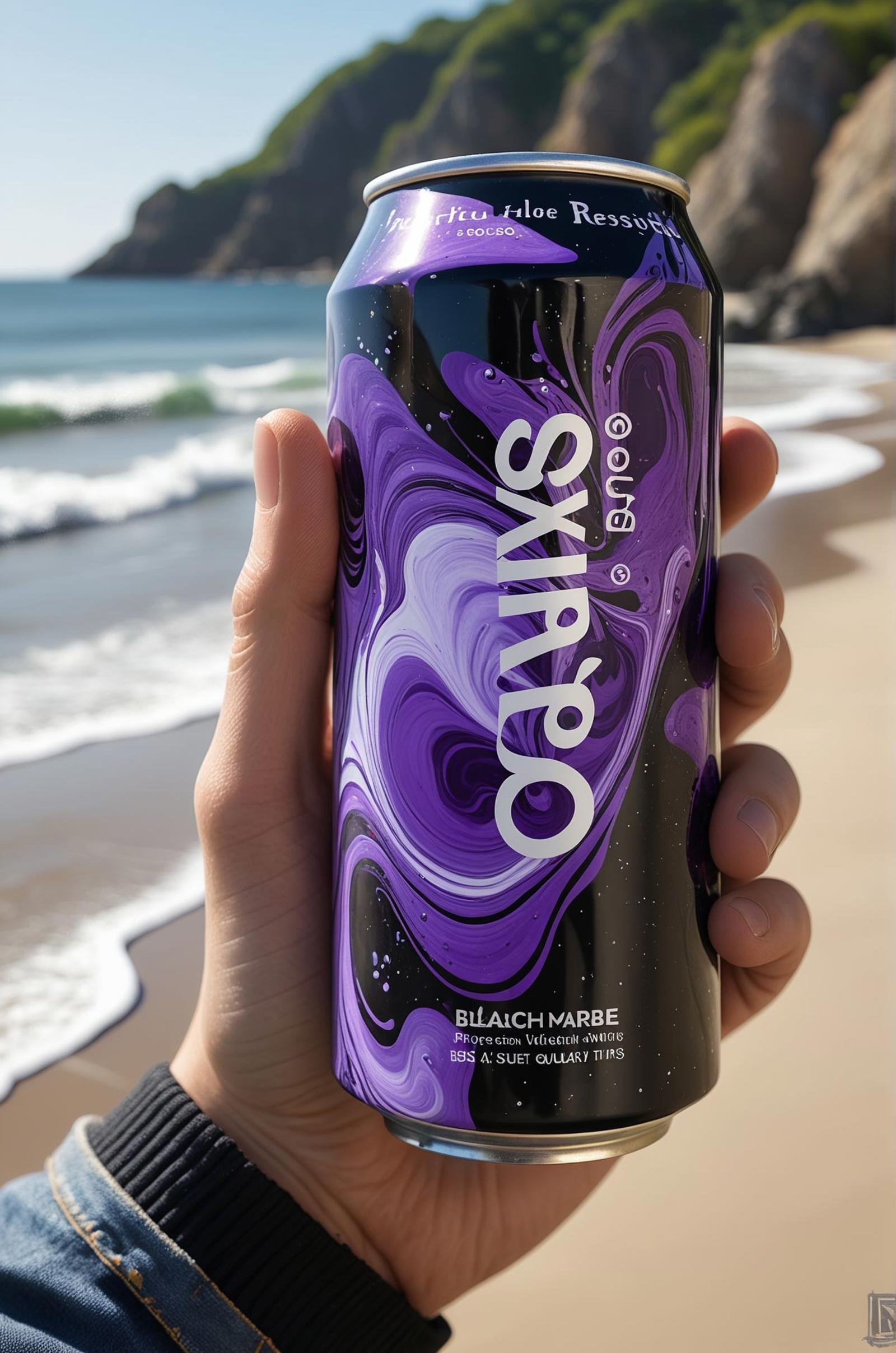 a cool person holding a [purple, black, liquid marble] soda can mockup, beach , (masterpiece, award winning artwork)Trending on Artstation, many details, extreme detailed, creative,Wide range of colors, high Dynamic, best quality