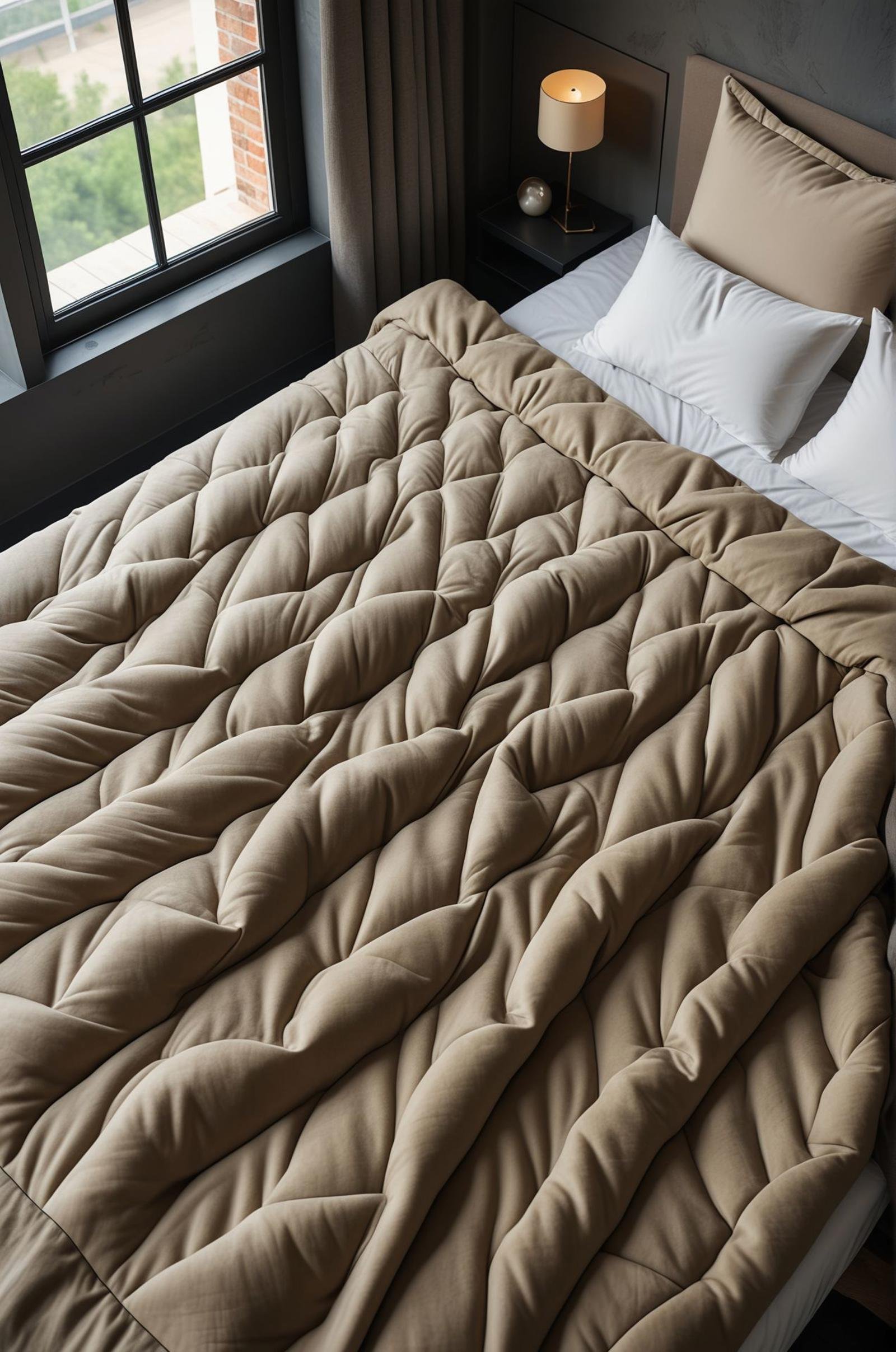 close-up macro photo of beige comforter blanket on a bed :: bed, warm bedroom view, tall window, high-angle, minimalist industrial interior, morning light, dark olive and grey colors , (masterpiece, award winning artwork)Trending on Artstation, many details, extreme detailed, creative,Wide range of colors, high Dynamic, best quality