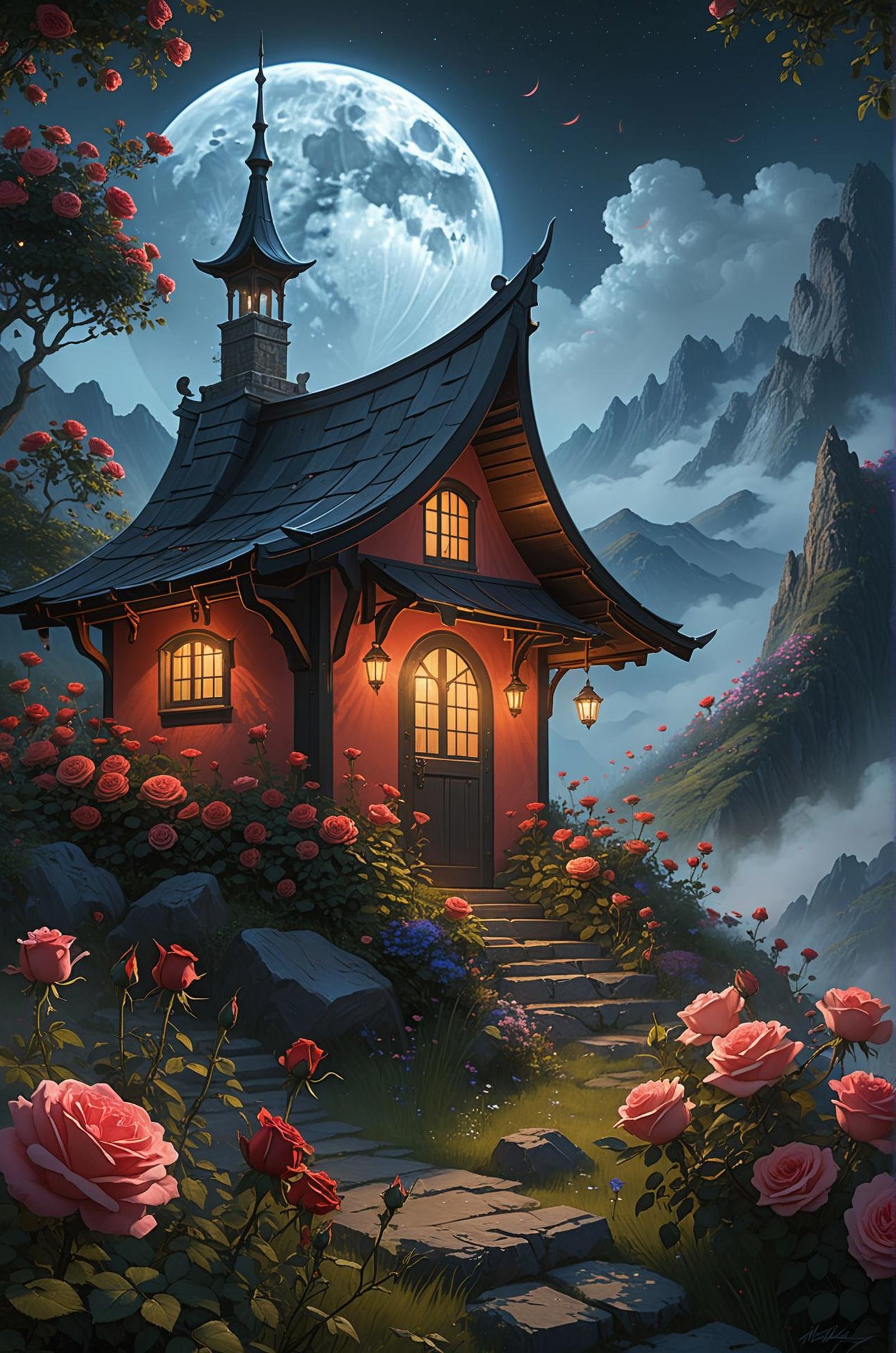 The garden scene in the sky, roses blooming all over the mountains, color magic collision, magic hut standing at random, fantasy, night, complex, sharp focus, dark light, volume fog, moon edge light, illustrations, high detail, digital painting, concept art, matte, the art of wlop and artgem and the art of Greg Rutkowski and Alphonse Mucha, masterpieces, 8K , (masterpiece, award winning artwork)Trending on Artstation, many details, extreme detailed, creative,Wide range of colors, high Dynamic, best quality