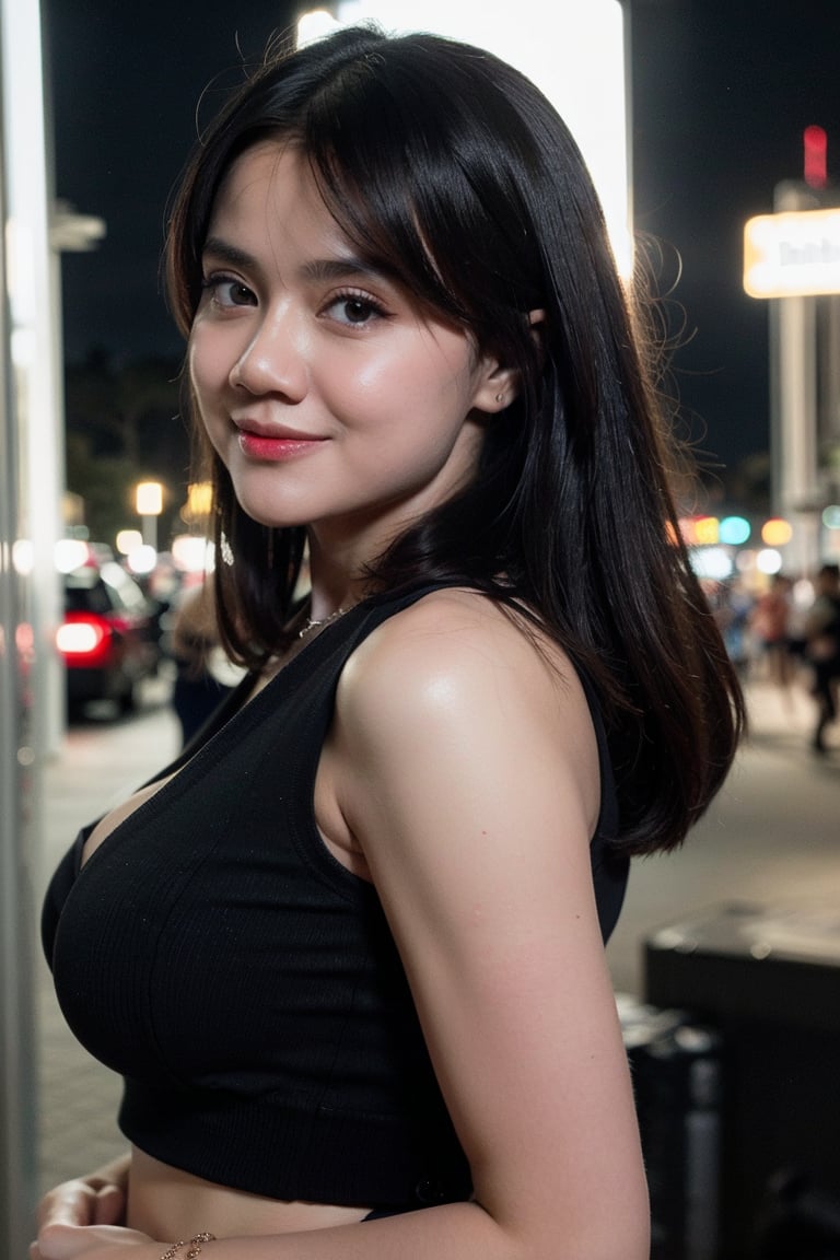 (Best quality, 8k, 32k, Masterpiece, photorealistic, high contrast, UHD:1.2),lifelike rendering, Photo of Pretty Hong Kong woman, 1woman, solo, 30yo, stunning, (medium-short dark brown hair), double eyelids, highly detailed glossy eyes, glossy plump lips, lipstick, daily makeup, detailed facial features, natural medium-large breasts, wide hips, long-legged, balanced female body, soft curves, (pale skin:1.3), detailed real skin texture, necklace, white cotton vest, mutli-layered skirt, (midnight, night, dark theme:1.4), seaside, sexy face, sexy eyes, smile, photon mapping, ray tracing, (beautiful legs), detailed hair, detailed fabric rendering