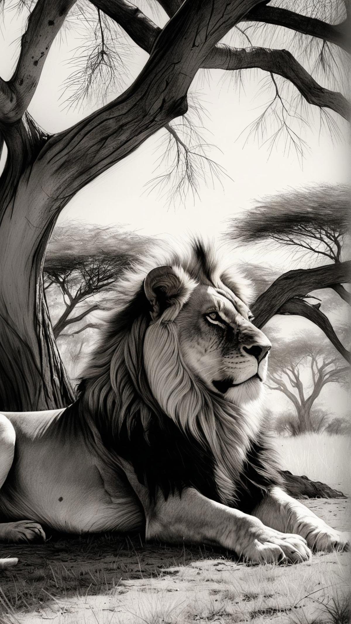 A detailed charcoal drawing of a lion resting in the shade of an acacia tree in the African savannah, its powerful form and regal presence emphasized through rich textures and deep contrasts. ,masterpiece, best quality, creative artwork, trending on artstation,